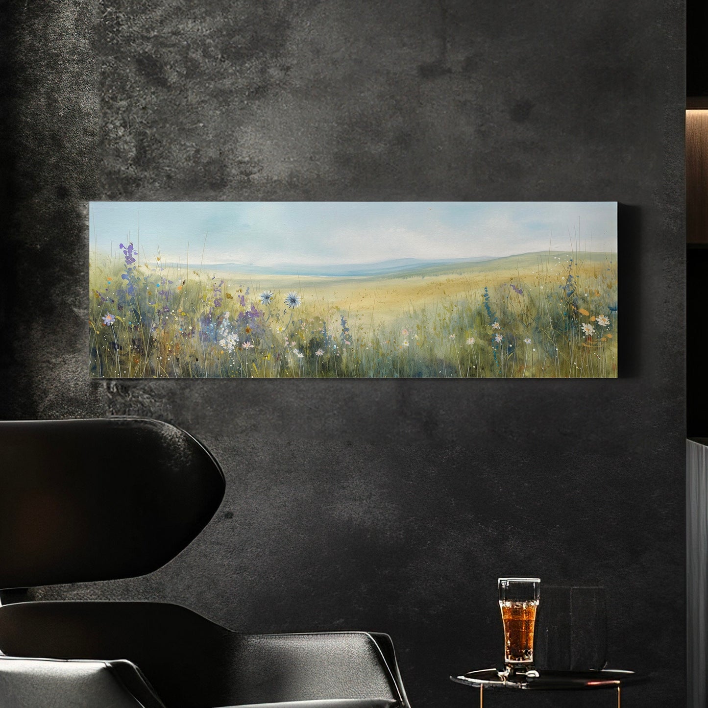 Wildflower Field Above Bed Wall Art Spring Meadow, Panoramic Peaceful Canvas Print, Nature Long Horizontal Canvas Art