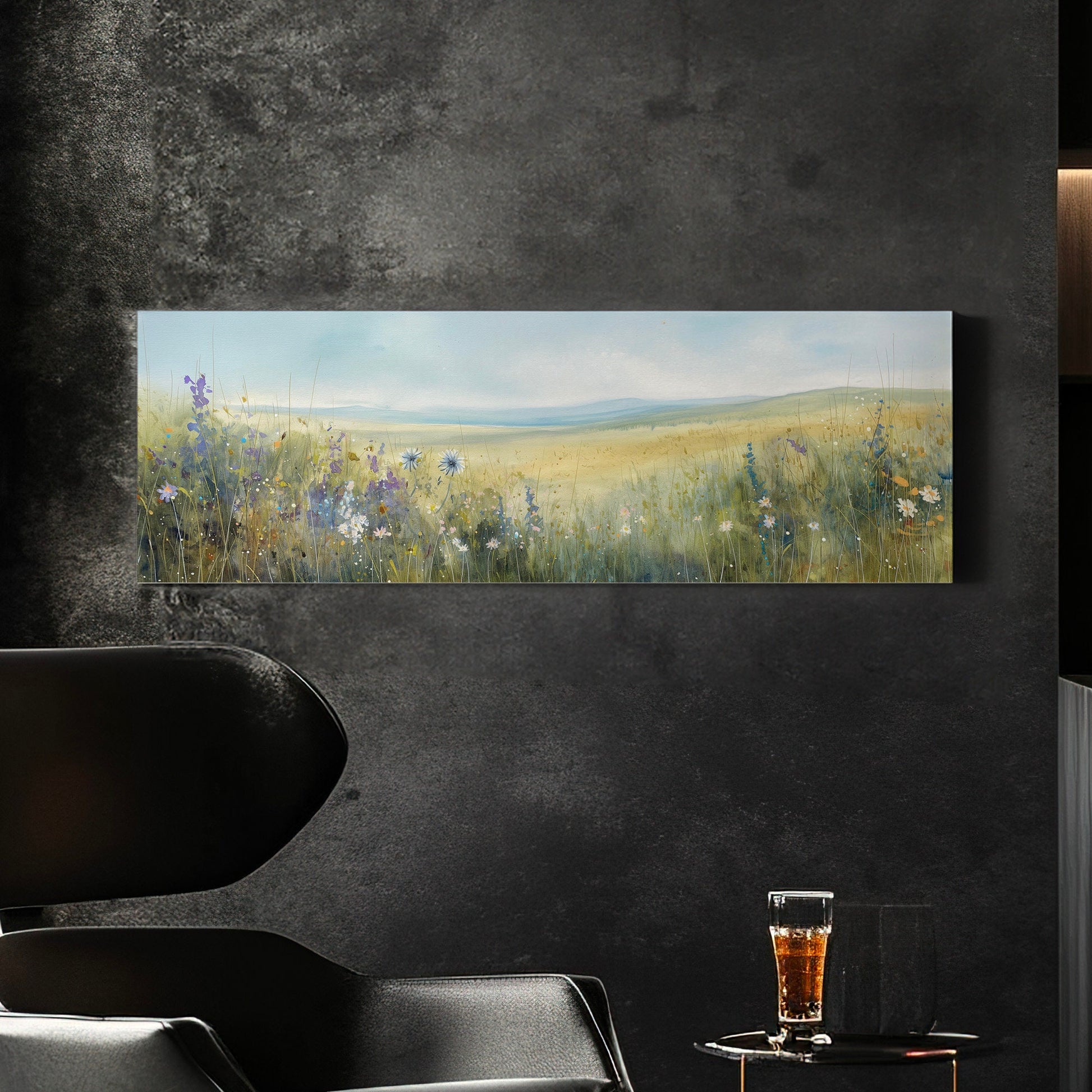 Wildflower Field Above Bed Wall Art Spring Meadow, Panoramic Peaceful Canvas Print, Nature Long Horizontal Canvas Art