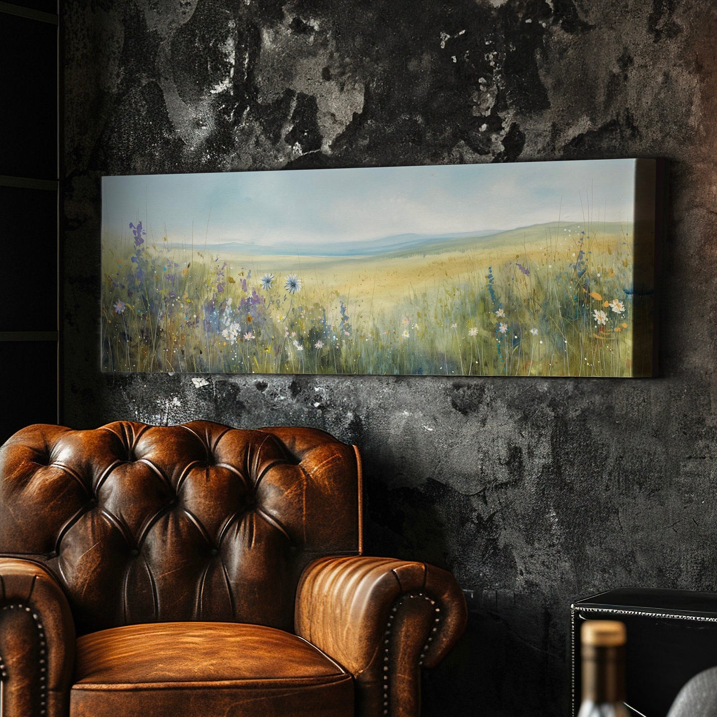 Wildflower Field Above Bed Wall Art Spring Meadow, Panoramic Peaceful Canvas Print, Nature Long Horizontal Canvas Art