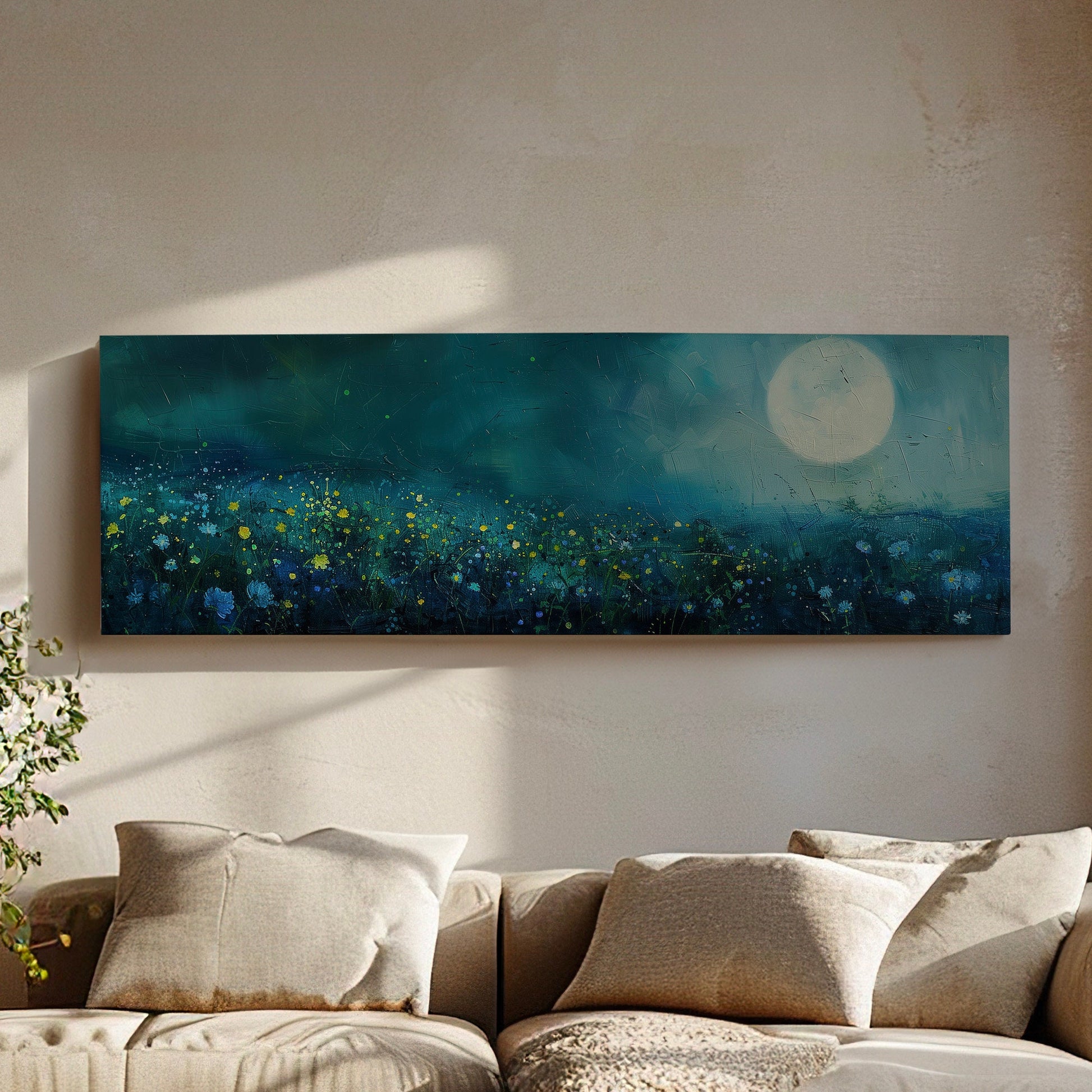 Wildflower Field Above Bed Wall Art Full Moon, Panoramic Nature Canvas Print, Mystical Long Horizontal Canvas Art