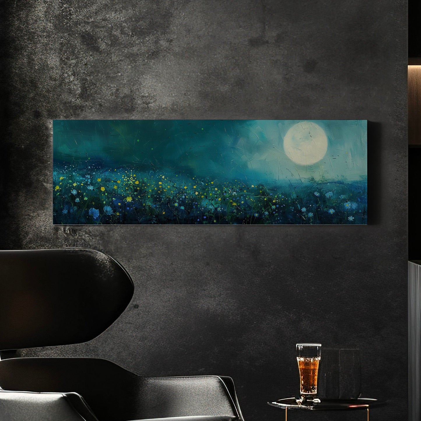 Wildflower Field Above Bed Wall Art Full Moon, Panoramic Nature Canvas Print, Mystical Long Horizontal Canvas Art