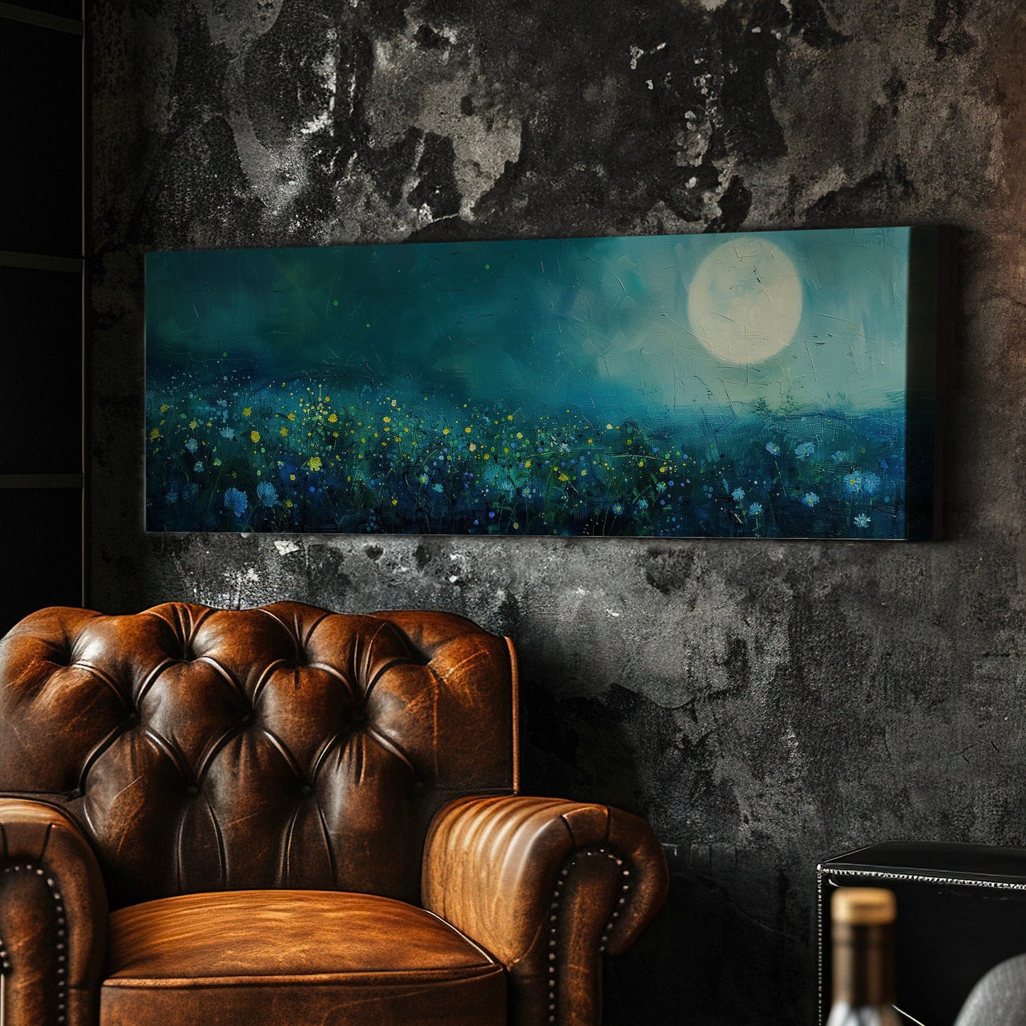Wildflower Field Above Bed Wall Art Full Moon, Panoramic Nature Canvas Print, Mystical Long Horizontal Canvas Art
