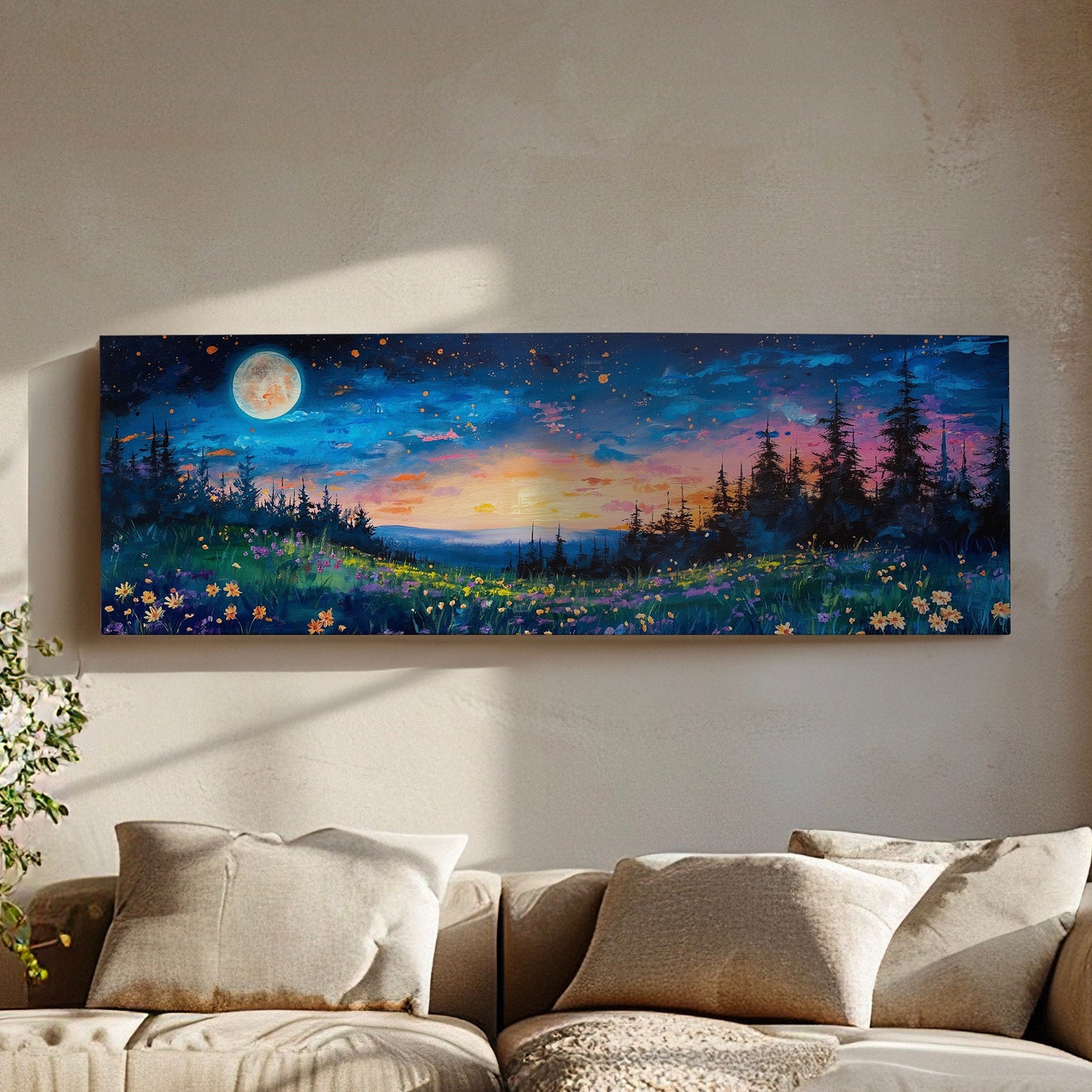 Wildflower Field By The Forest Above Bed Wall Art Full Moon, Panoramic Nature Canvas Print, Mystical Long Horizontal Canvas Art