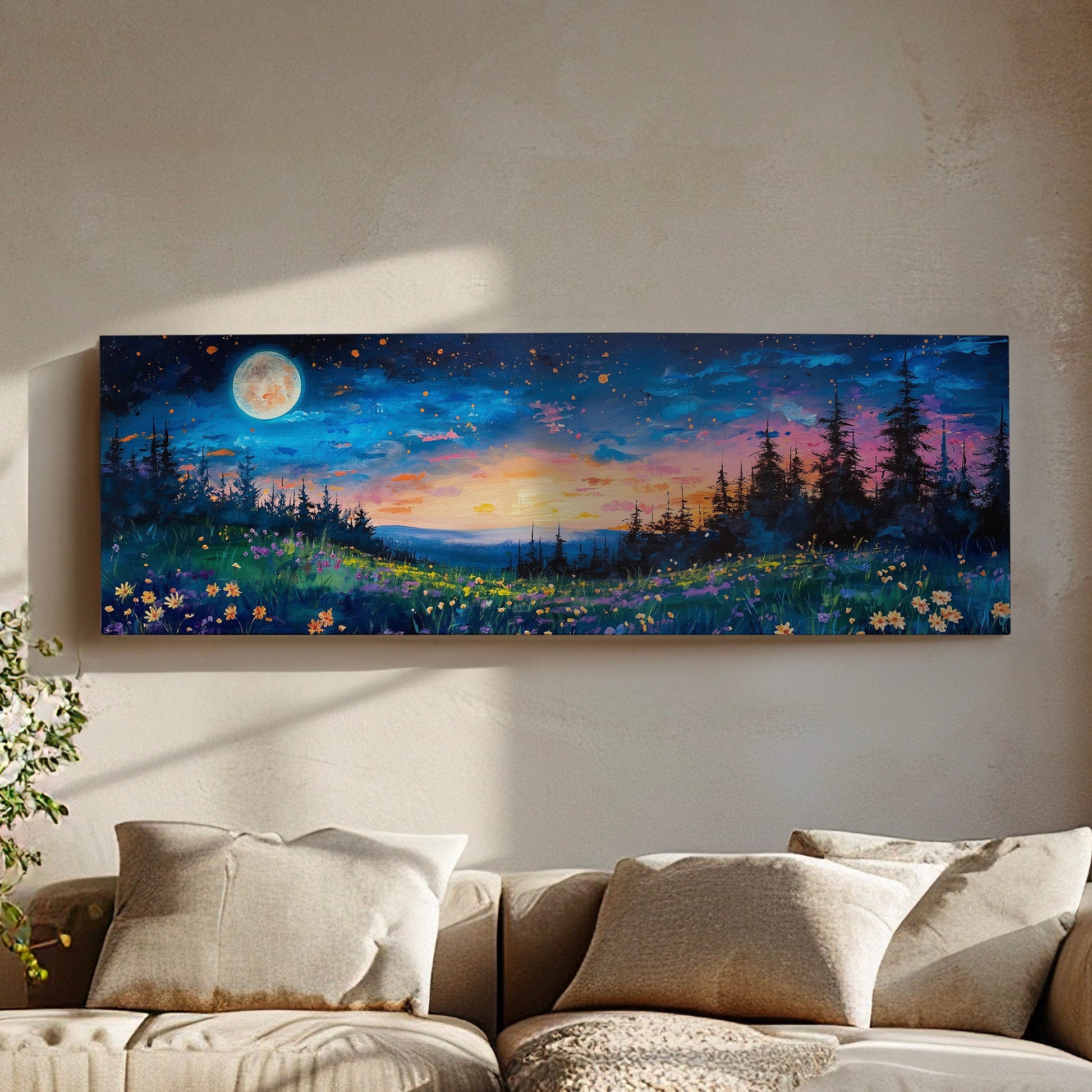 Wildflower Field By The Forest Above Bed Wall Art Full Moon, Panoramic Nature Canvas Print, Mystical Long Horizontal Canvas Art