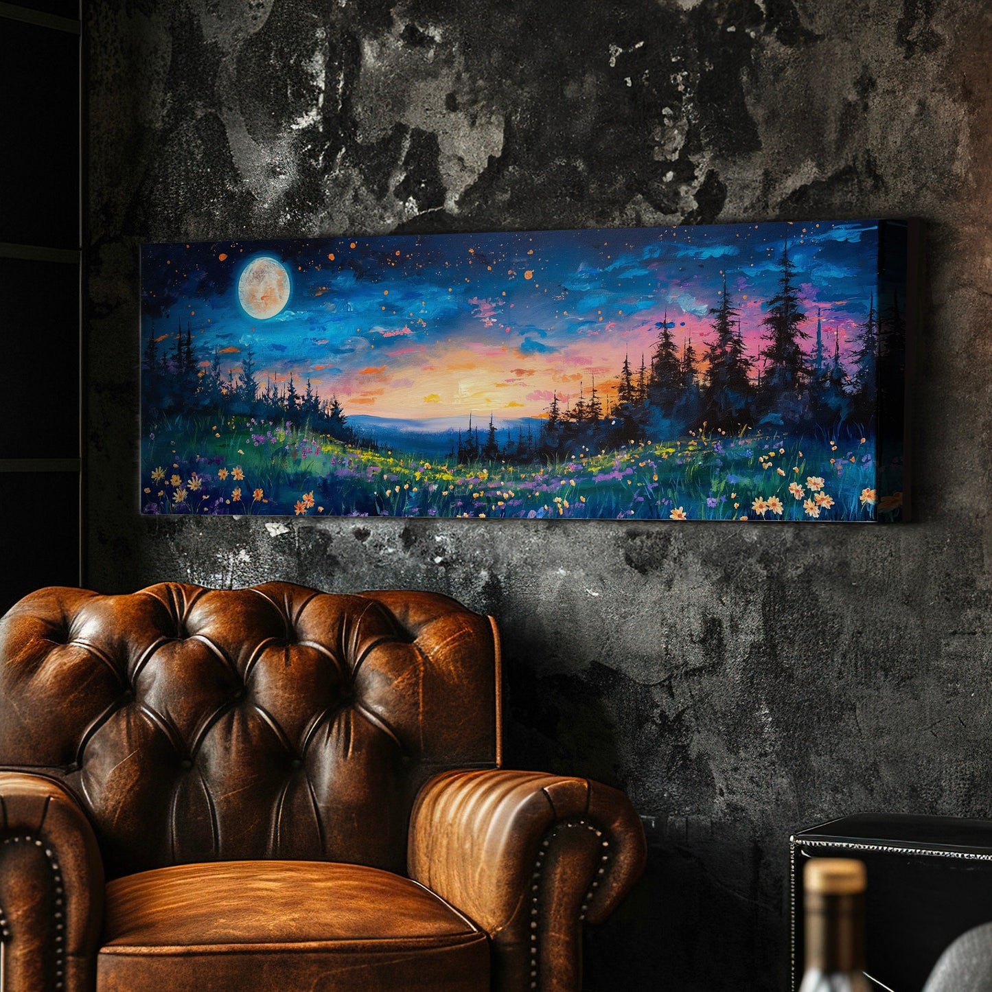 Wildflower Field By The Forest Above Bed Wall Art Full Moon, Panoramic Nature Canvas Print, Mystical Long Horizontal Canvas Art