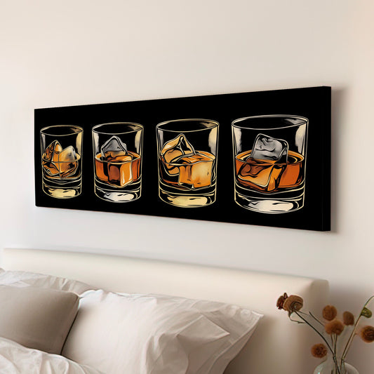 Whiskey Glass Above Bed Wall Art Bourbon Bar, Panoramic Scotch Canvas Print, Man Cave Long Horizontal Canvas Art