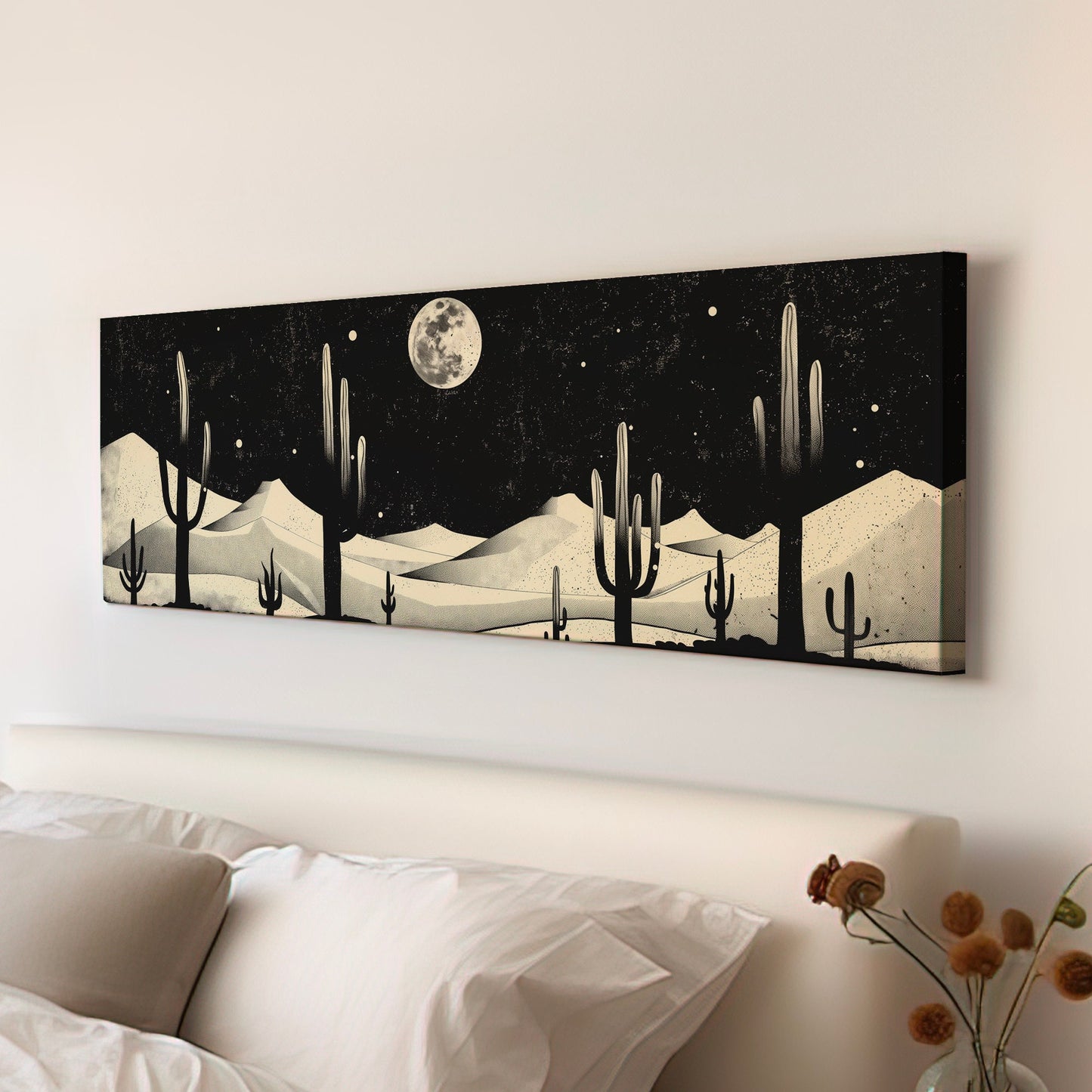 Western Cactus Above Bed Wall Art Southwestern, Panoramic Cowboy Canvas Print, Landscape Long Horizontal Canvas Art