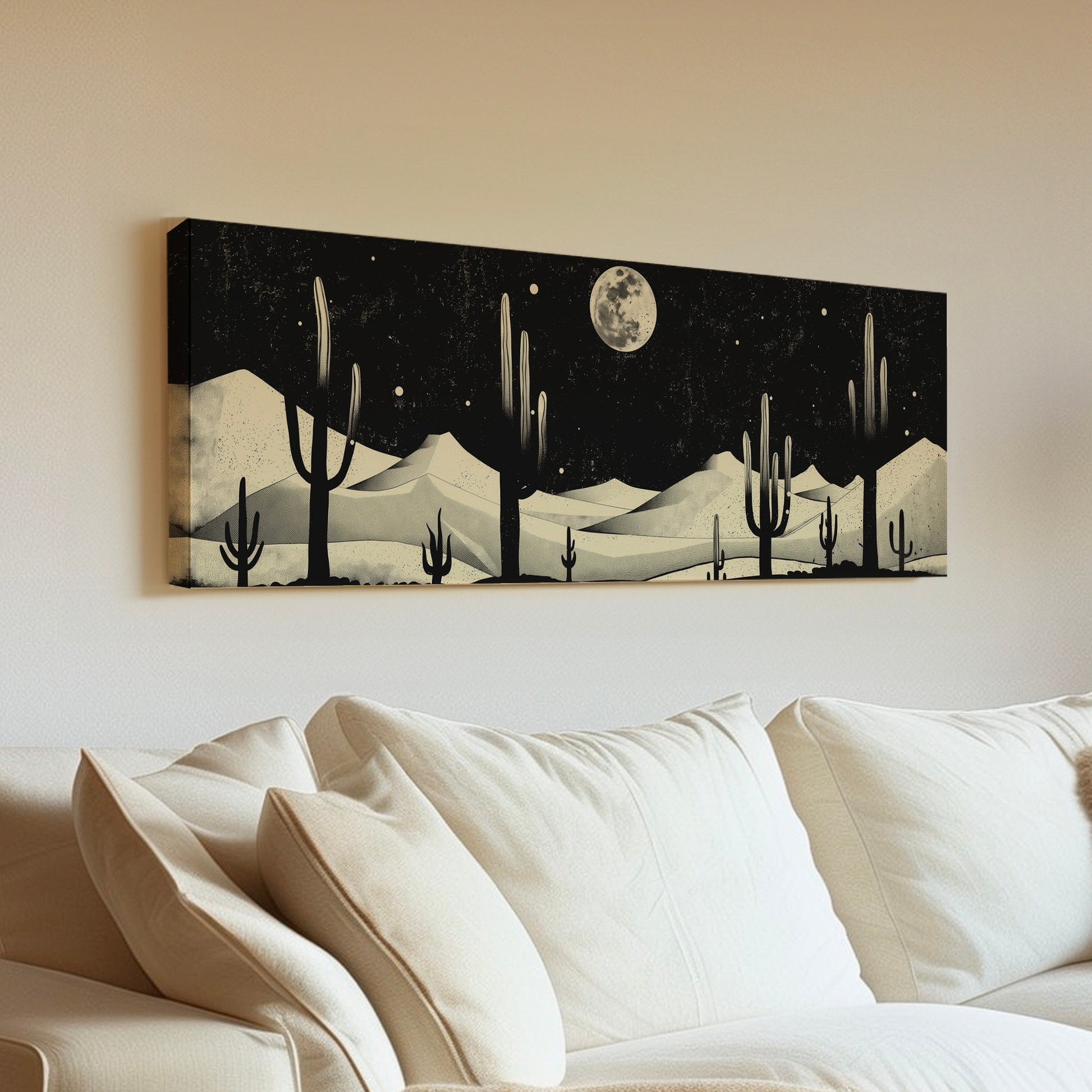 Western Cactus Above Bed Wall Art Southwestern, Panoramic Cowboy Canvas Print, Landscape Long Horizontal Canvas Art