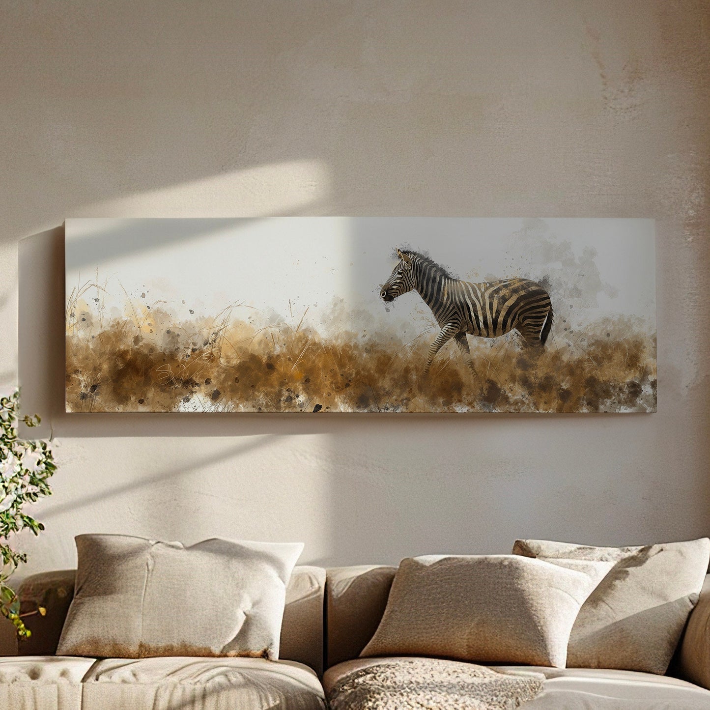 Walking Zebra Above Bed Wall Art African, Panoramic Wildlife Canvas Print, Animal Long Horizontal Canvas Art