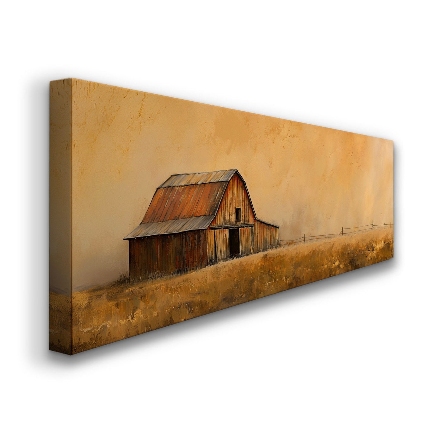 Vintage Barn Above Bed Wall Art Countryside, Panoramic Farmhouse Canvas Print, Wheat Field Long Horizontal Canvas Art
