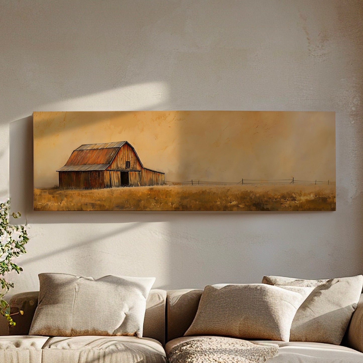 Vintage Barn Above Bed Wall Art Countryside, Panoramic Farmhouse Canvas Print, Wheat Field Long Horizontal Canvas Art