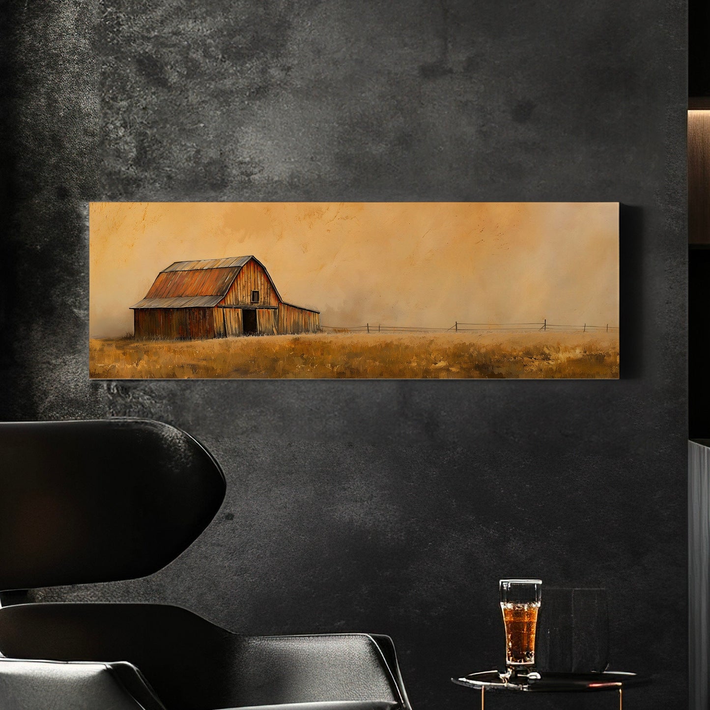 Vintage Barn Above Bed Wall Art Countryside, Panoramic Farmhouse Canvas Print, Wheat Field Long Horizontal Canvas Art