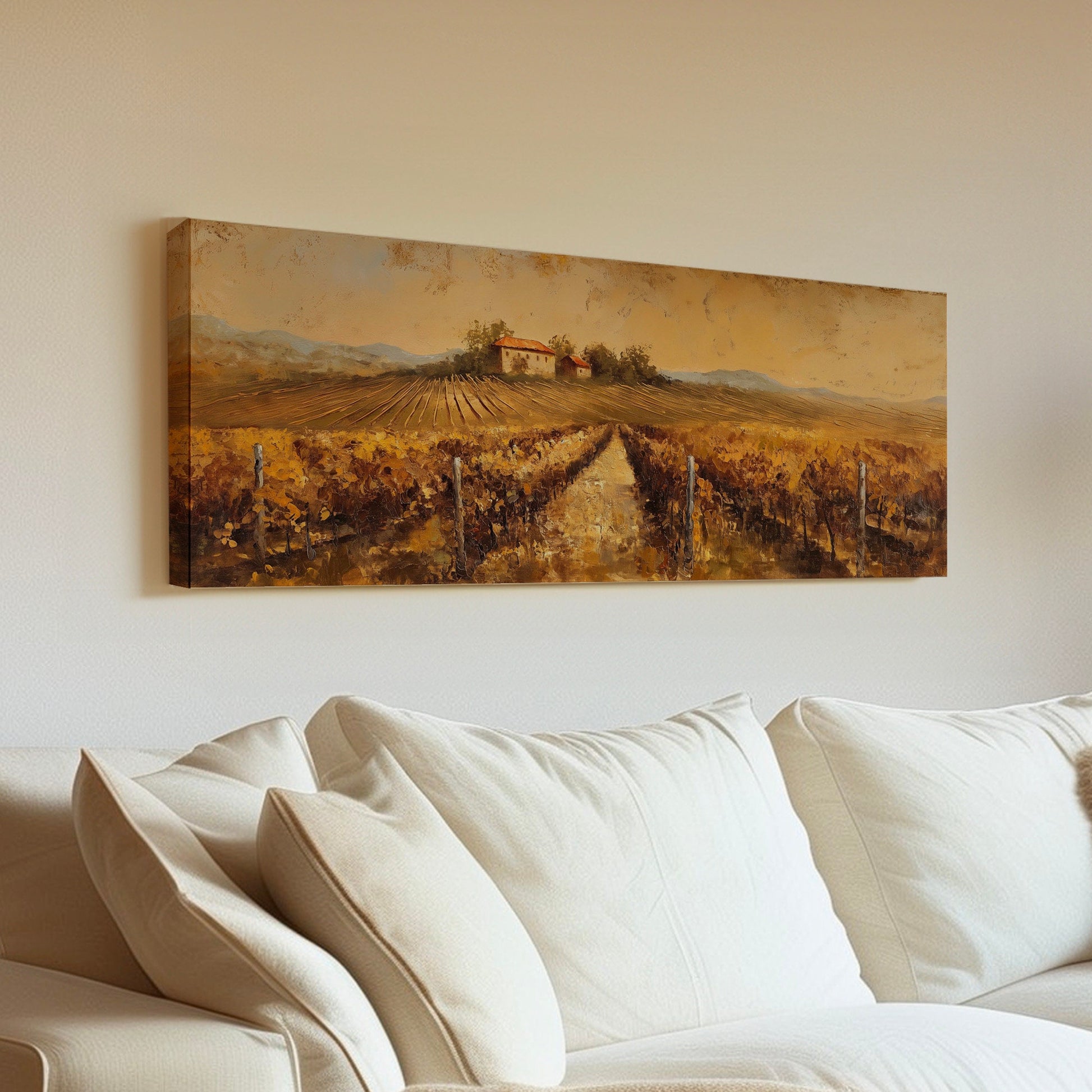 Vineyard Ladnscape Above Bed Wall Art Countryside, Panoramic Farmhouse Canvas Print, Field Long Horizontal Canvas Art