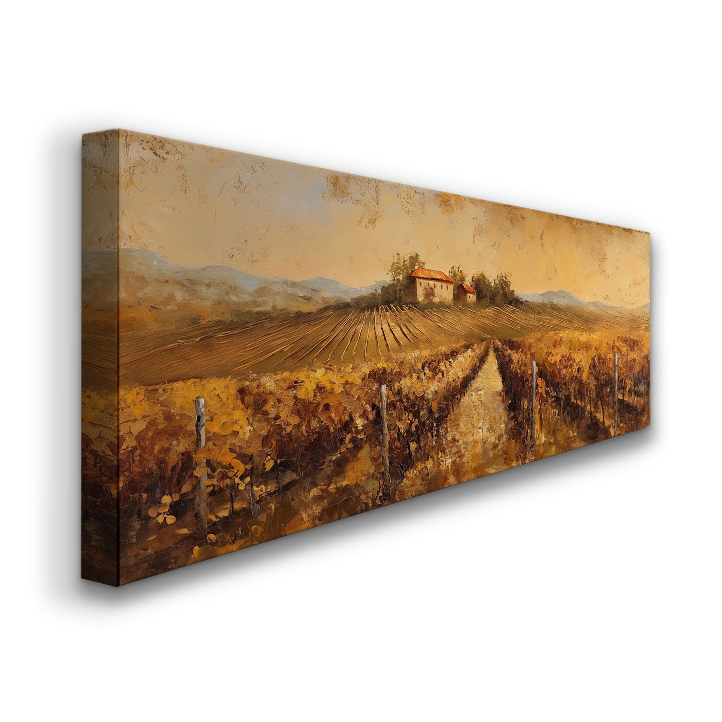 Vineyard Ladnscape Above Bed Wall Art Countryside, Panoramic Farmhouse Canvas Print, Field Long Horizontal Canvas Art