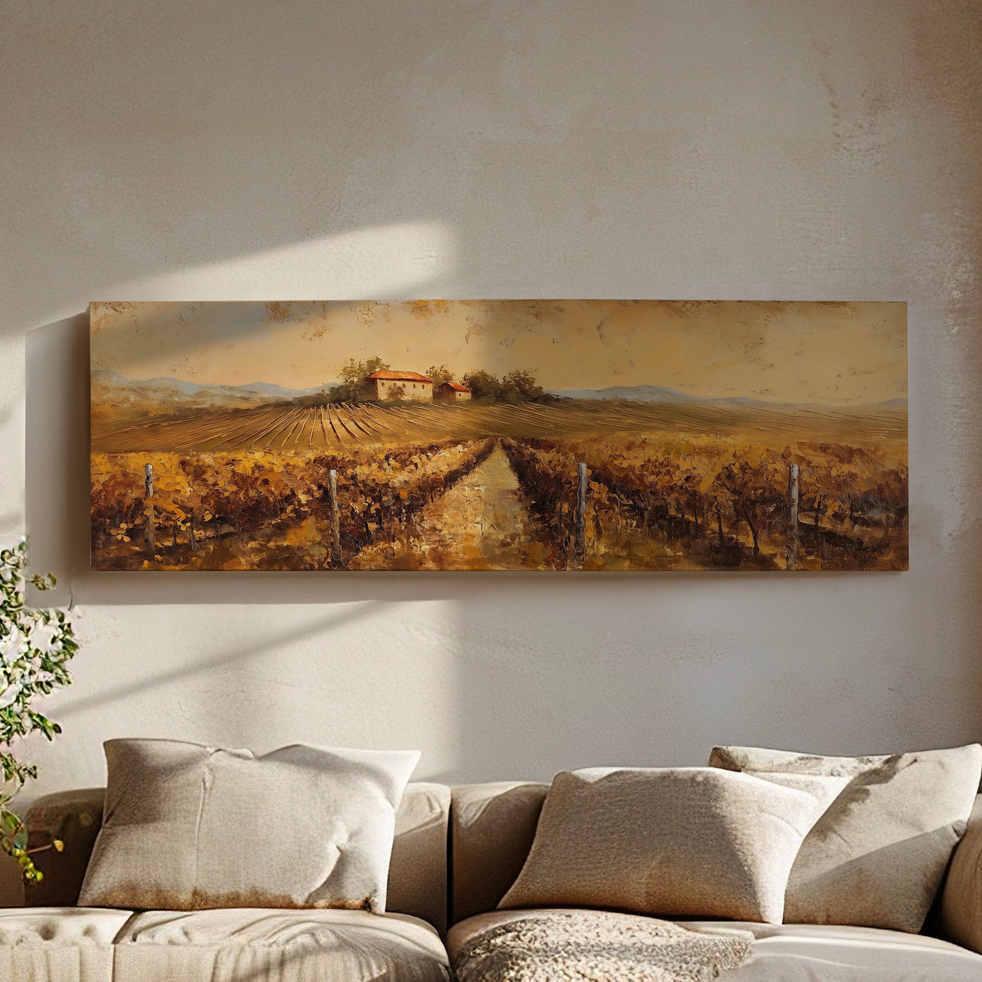 Vineyard Ladnscape Above Bed Wall Art Countryside, Panoramic Farmhouse Canvas Print, Field Long Horizontal Canvas Art
