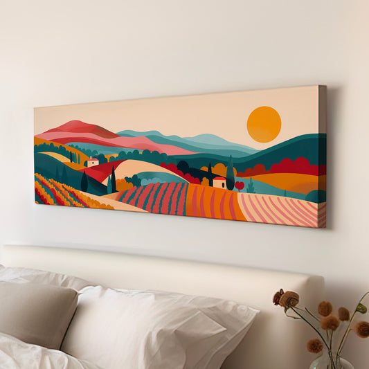 Vineyard Boho Above Bed Wall Art Minimal, Panoramic Wine Tasting Canvas Print, Vineyard Long Horizontal Canvas Art