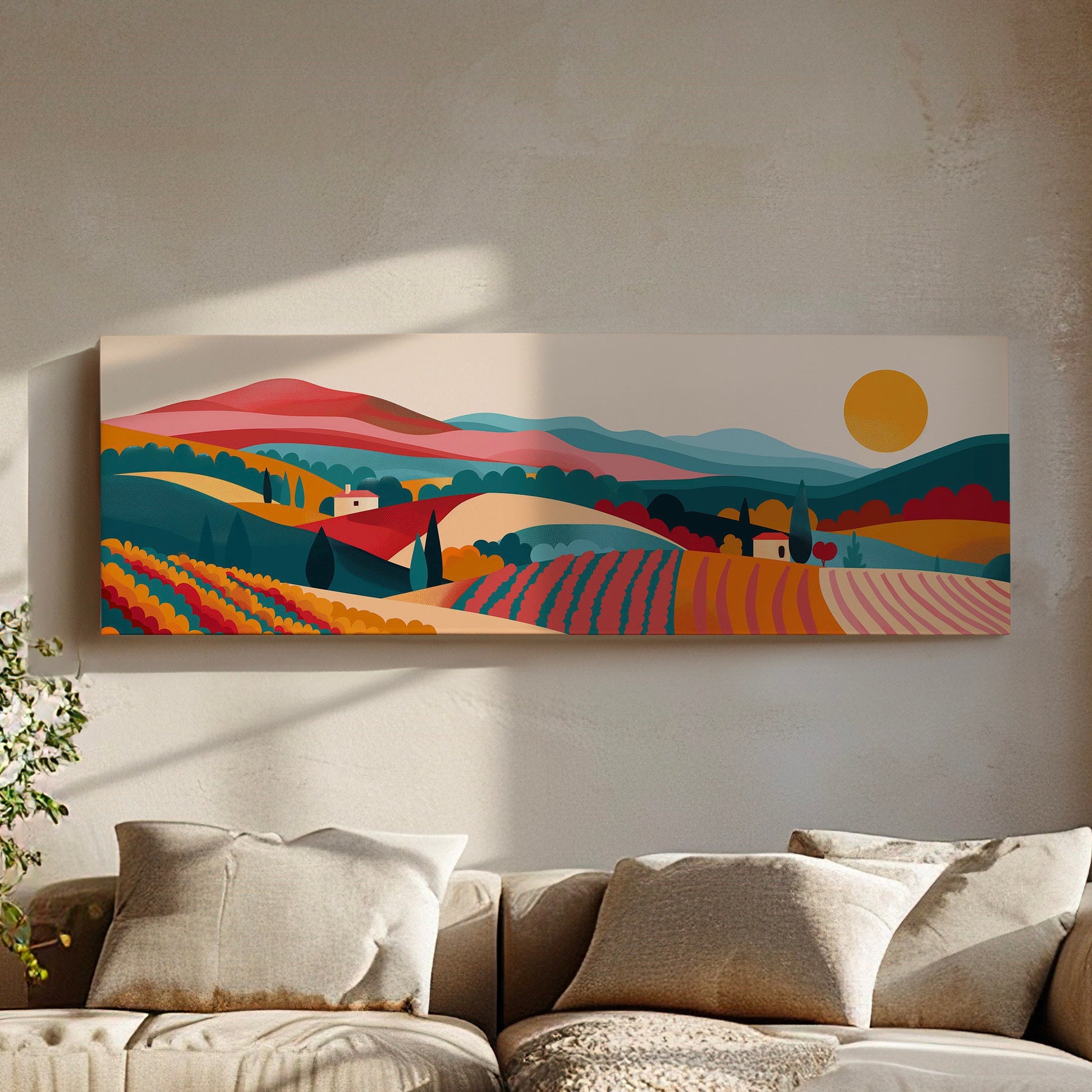 Vineyard Boho Above Bed Wall Art Minimal, Panoramic Wine Tasting Canvas Print, Vineyard Long Horizontal Canvas Art