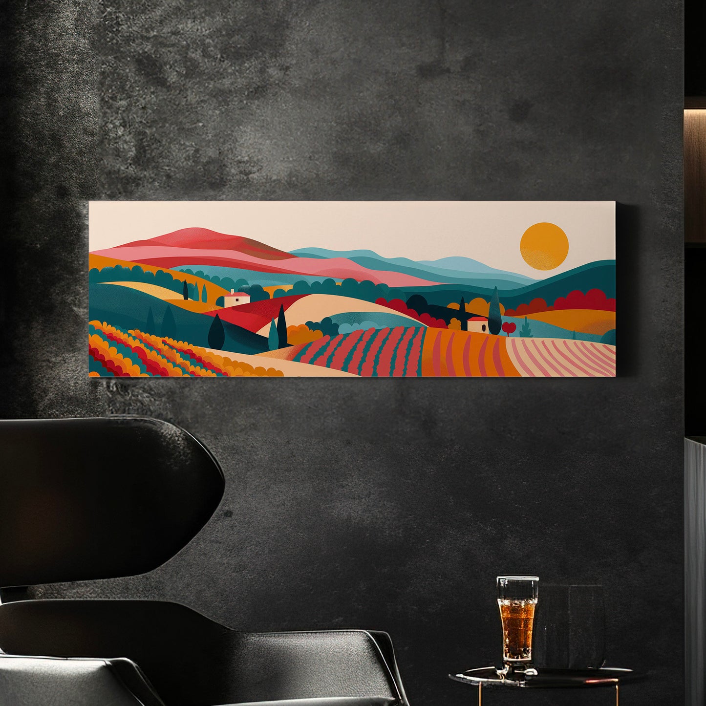 Vineyard Boho Above Bed Wall Art Minimal, Panoramic Wine Tasting Canvas Print, Vineyard Long Horizontal Canvas Art