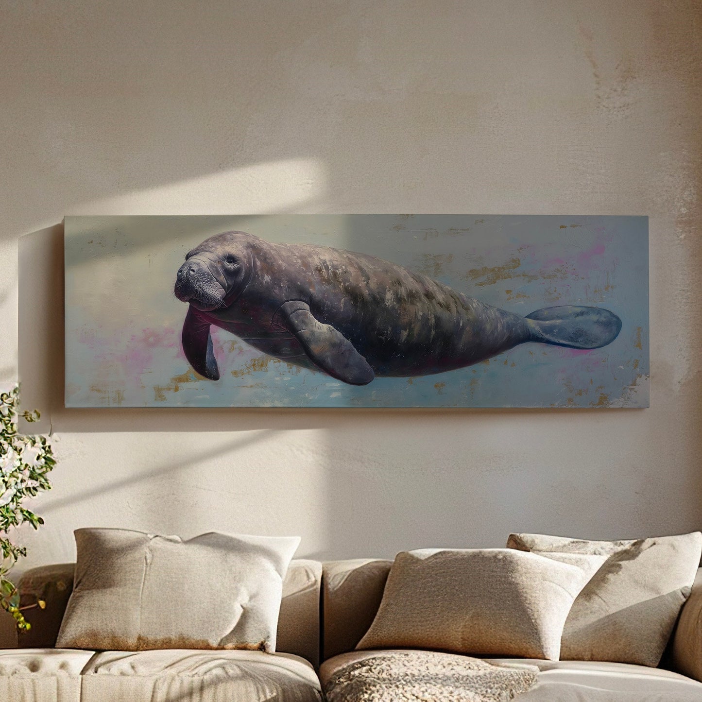 Swimming Manatee Above Bed Wall Art Ocean Life, Panoramic Minimal Canvas Print, Tropical Long Horizontal Canvas Art
