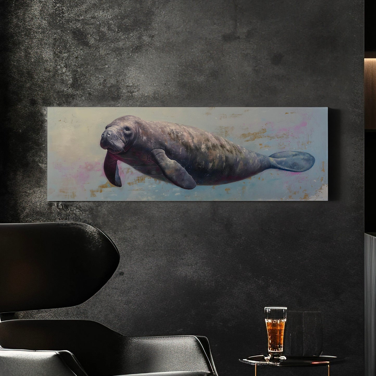 Swimming Manatee Above Bed Wall Art Ocean Life, Panoramic Minimal Canvas Print, Tropical Long Horizontal Canvas Art