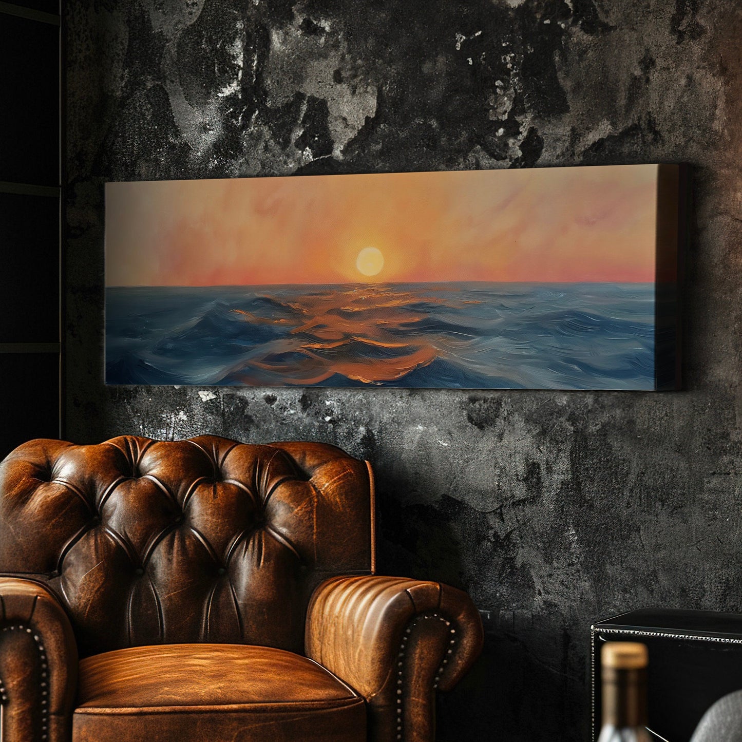 Sunset Over The Ocean Above Bed Wall Art Modern Abstract, Panoramic Sunrise Canvas Print, Seascape Long Horizontal Canvas Art