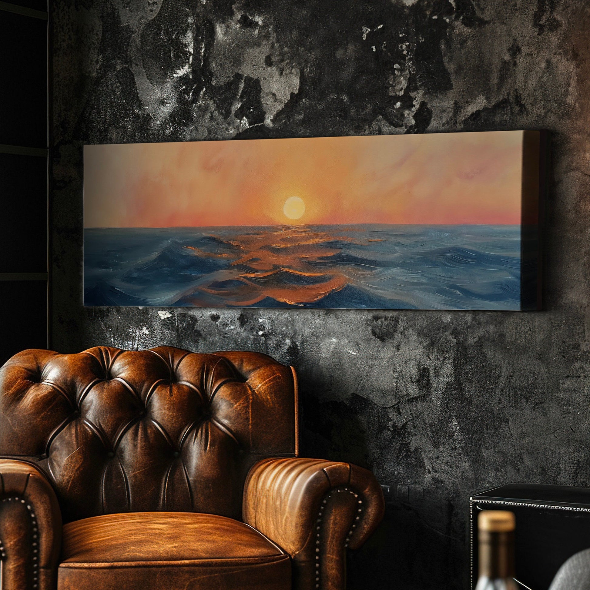 Sunset Over The Ocean Above Bed Wall Art Modern Abstract, Panoramic Sunrise Canvas Print, Seascape Long Horizontal Canvas Art