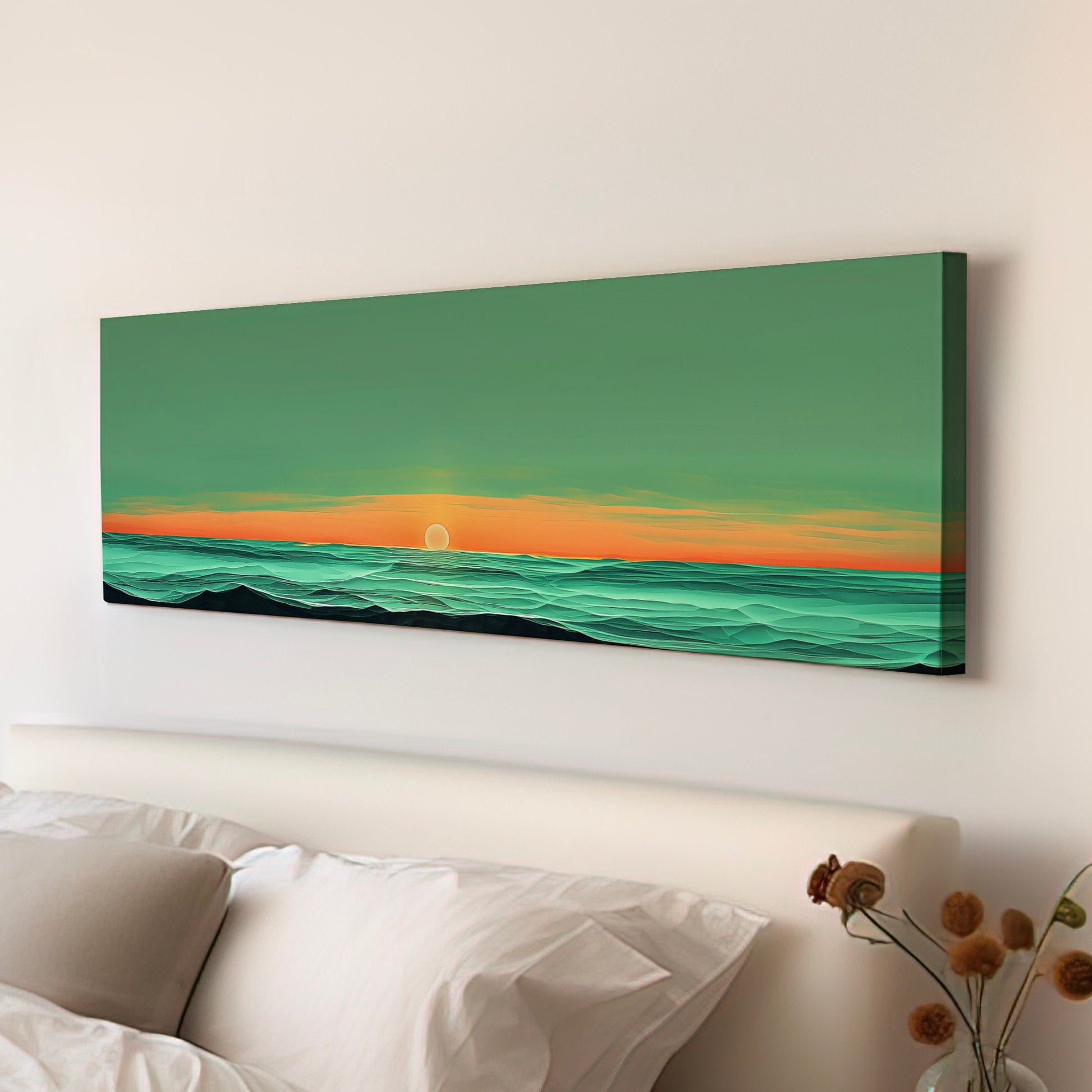 Sunset Over The Ocean Above Bed Wall Art Modern Abstract, Panoramic Sage Green Canvas Print, Seascape Long Horizontal Canvas Art