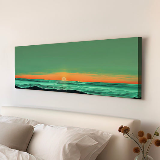 Sunset Over The Ocean Above Bed Wall Art Modern Abstract, Panoramic Sage Green Canvas Print, Seascape Long Horizontal Canvas Art