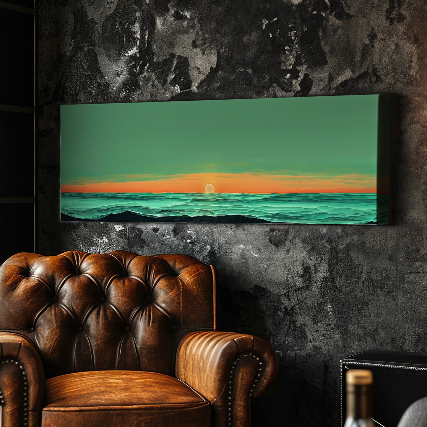 Sunset Over The Ocean Above Bed Wall Art Modern Abstract, Panoramic Sage Green Canvas Print, Seascape Long Horizontal Canvas Art