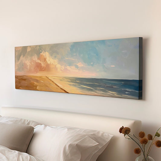 Sunset Over The Ocean Above Bed Wall Art Modern Abstract, Panoramic Oil Canvas Print, Seascape Long Horizontal Canvas Art