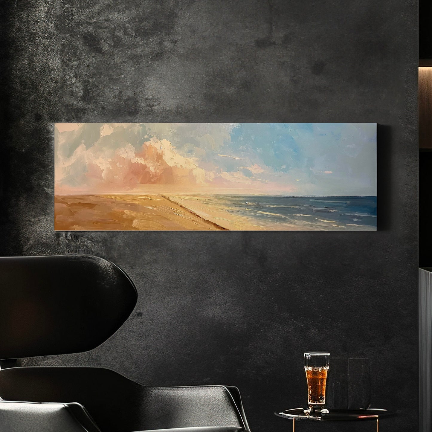 Sunset Over The Ocean Above Bed Wall Art Modern Abstract, Panoramic Oil Canvas Print, Seascape Long Horizontal Canvas Art