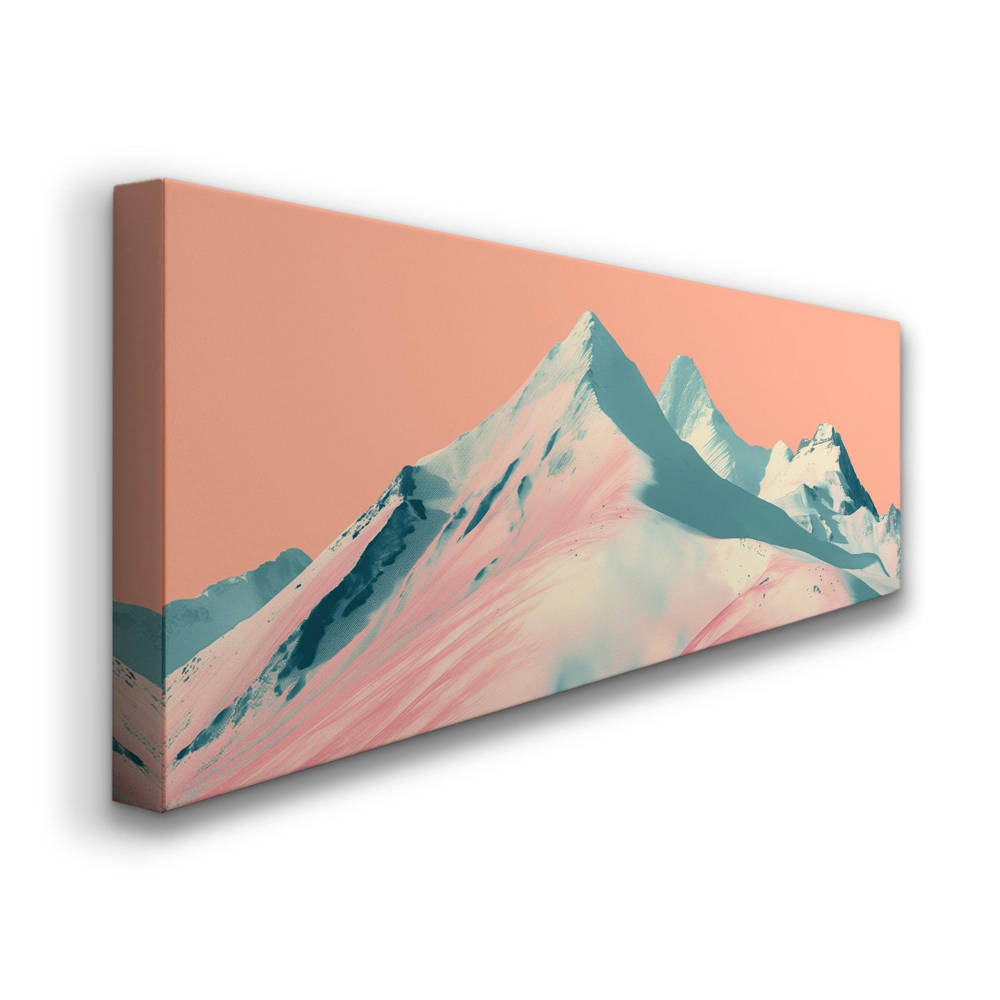 Ski Paradise Above Bed Wall Art Mountain Landscape, Panoramic Abstract Canvas Print, Pink Sky Long Horizontal Canvas Art