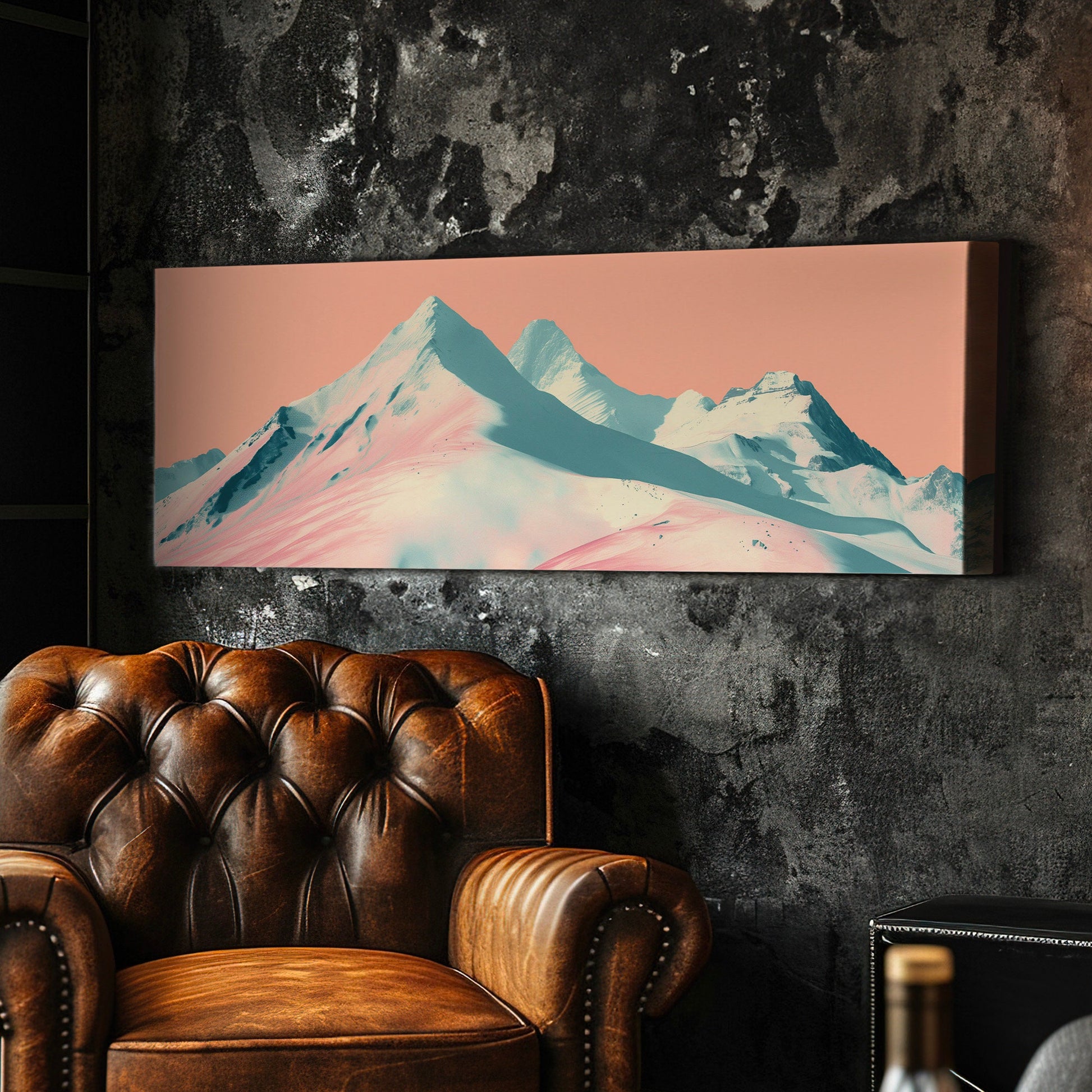 Ski Paradise Above Bed Wall Art Mountain Landscape, Panoramic Abstract Canvas Print, Pink Sky Long Horizontal Canvas Art