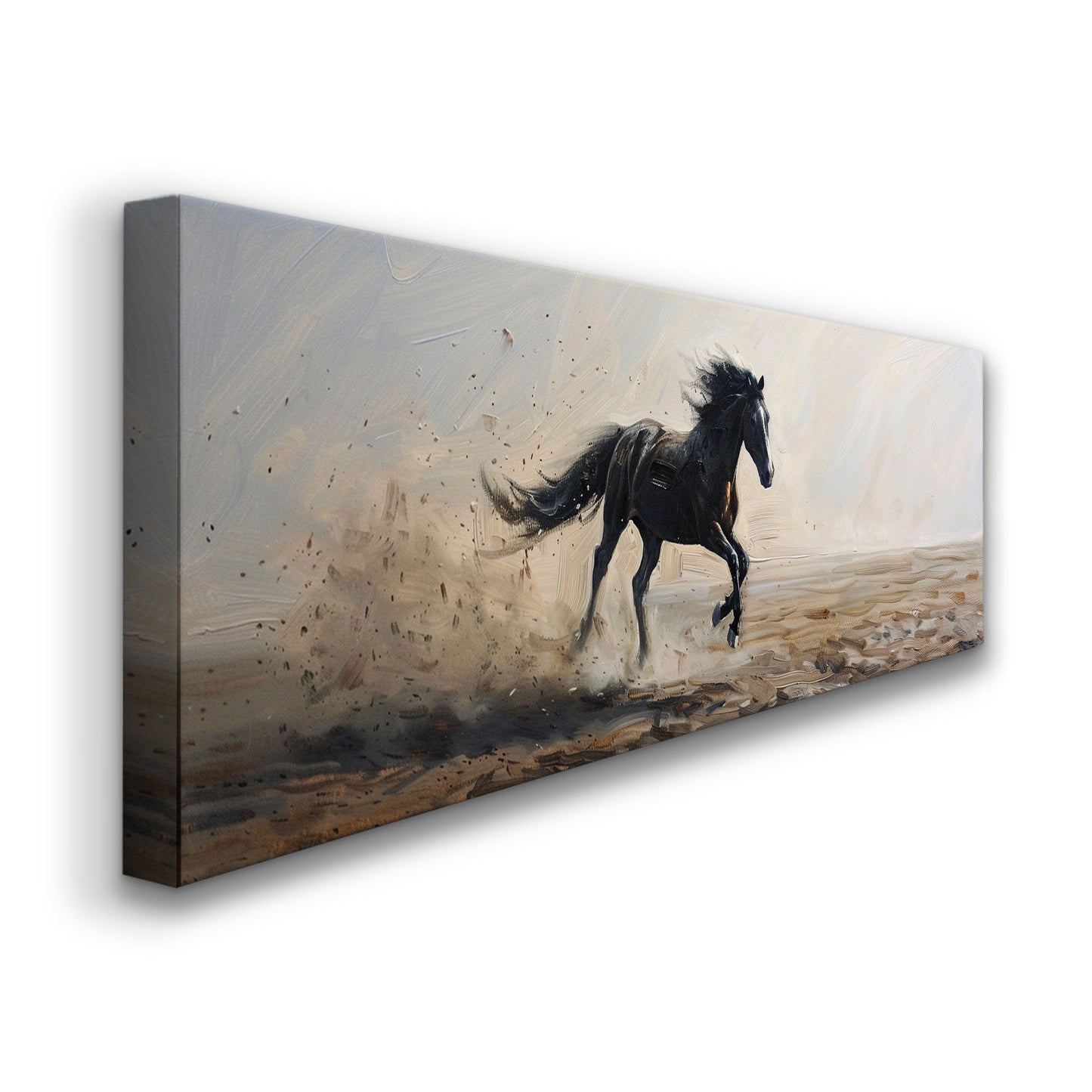 Running Horse Above Bed Wall Art Modern Oil, Panoramic Raging Horse Canvas Print, Farmhouse Long Horizontal Canvas Art