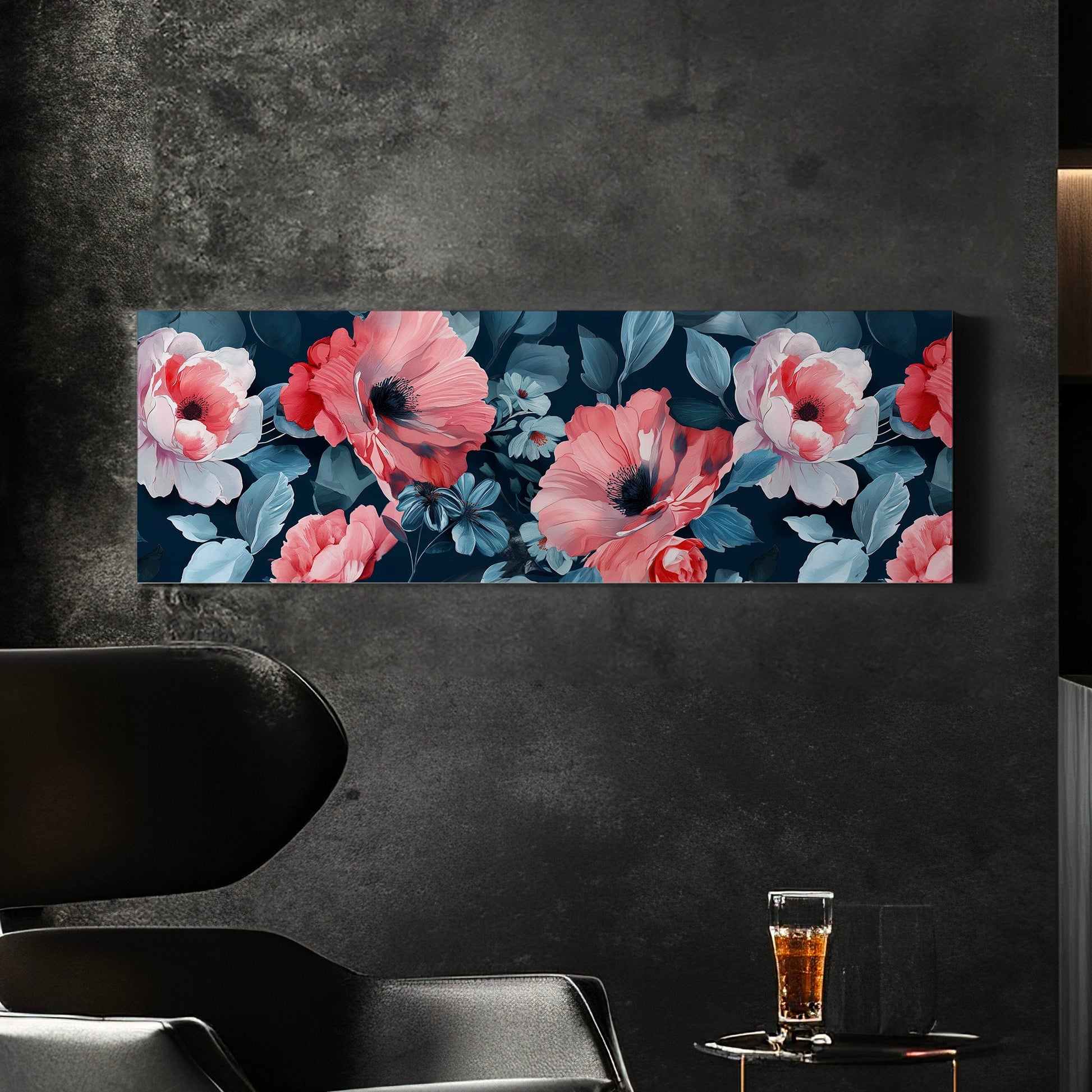Red Peony Above Bed Wall Art Baroque Bouquet, Panoramic Floral Canvas Print, Flower Long Horizontal Canvas Art