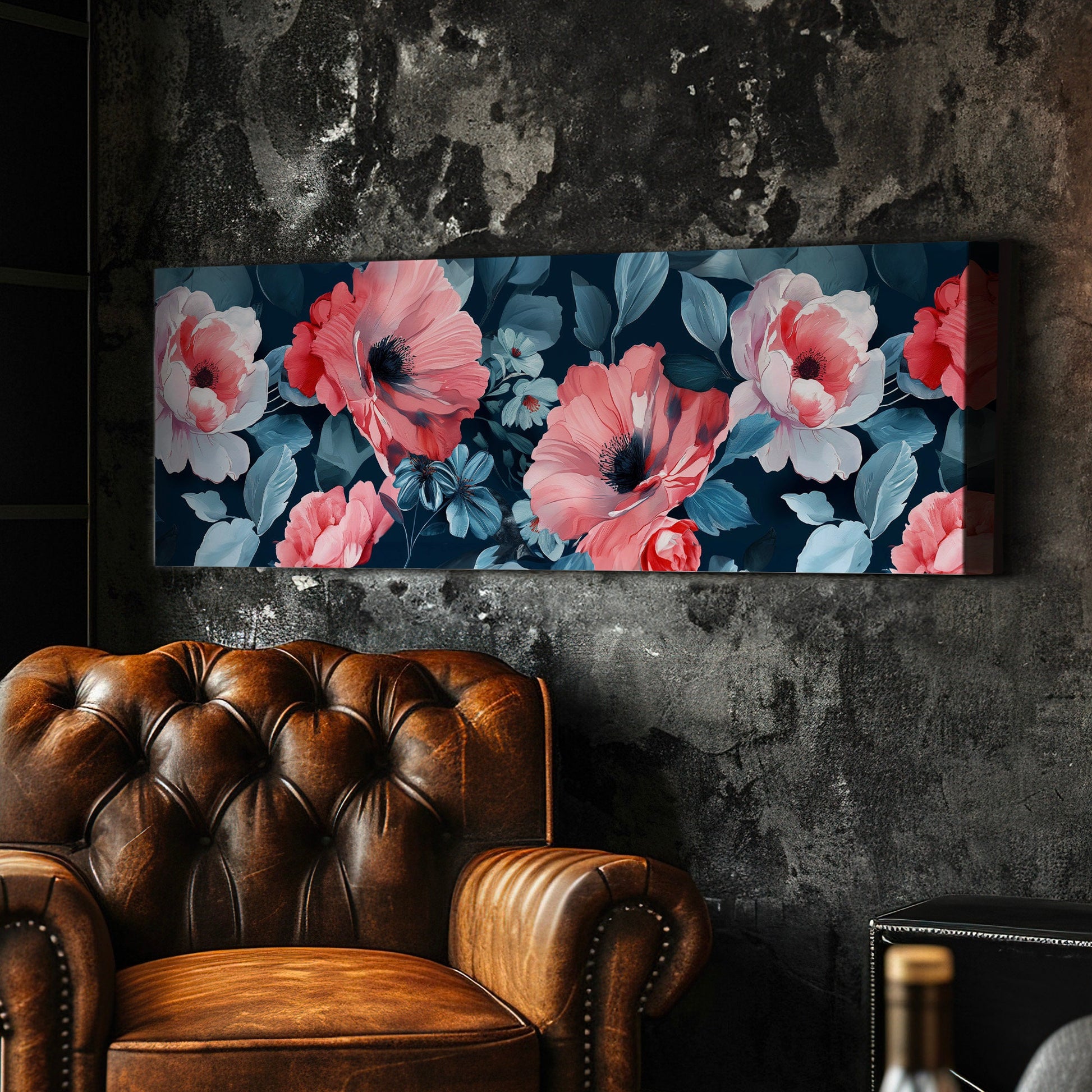 Red Peony Above Bed Wall Art Baroque Bouquet, Panoramic Floral Canvas Print, Flower Long Horizontal Canvas Art