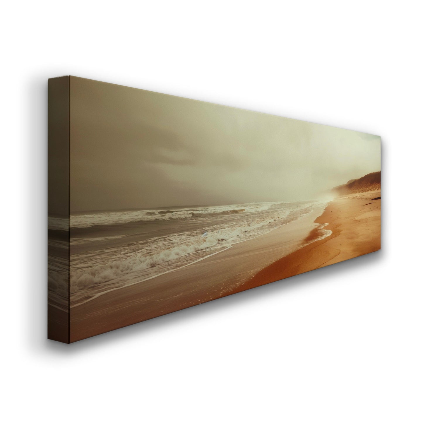 Muted Beach Above Bed Wall Art Sandy, Panoramic Neutral Canvas Print, Minimal Long Horizontal Canvas Art