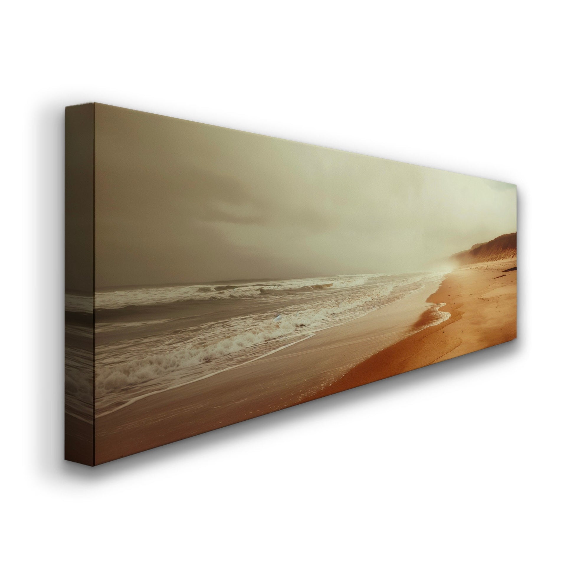 Muted Beach Above Bed Wall Art Sandy, Panoramic Neutral Canvas Print, Minimal Long Horizontal Canvas Art