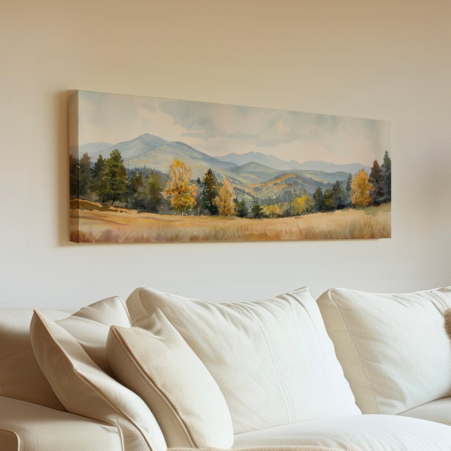 Mountain Landscape Above Bed Wall Art Spring Meadow, Panoramic Nature Canvas Print, Vintage Long Horizontal Canvas Art