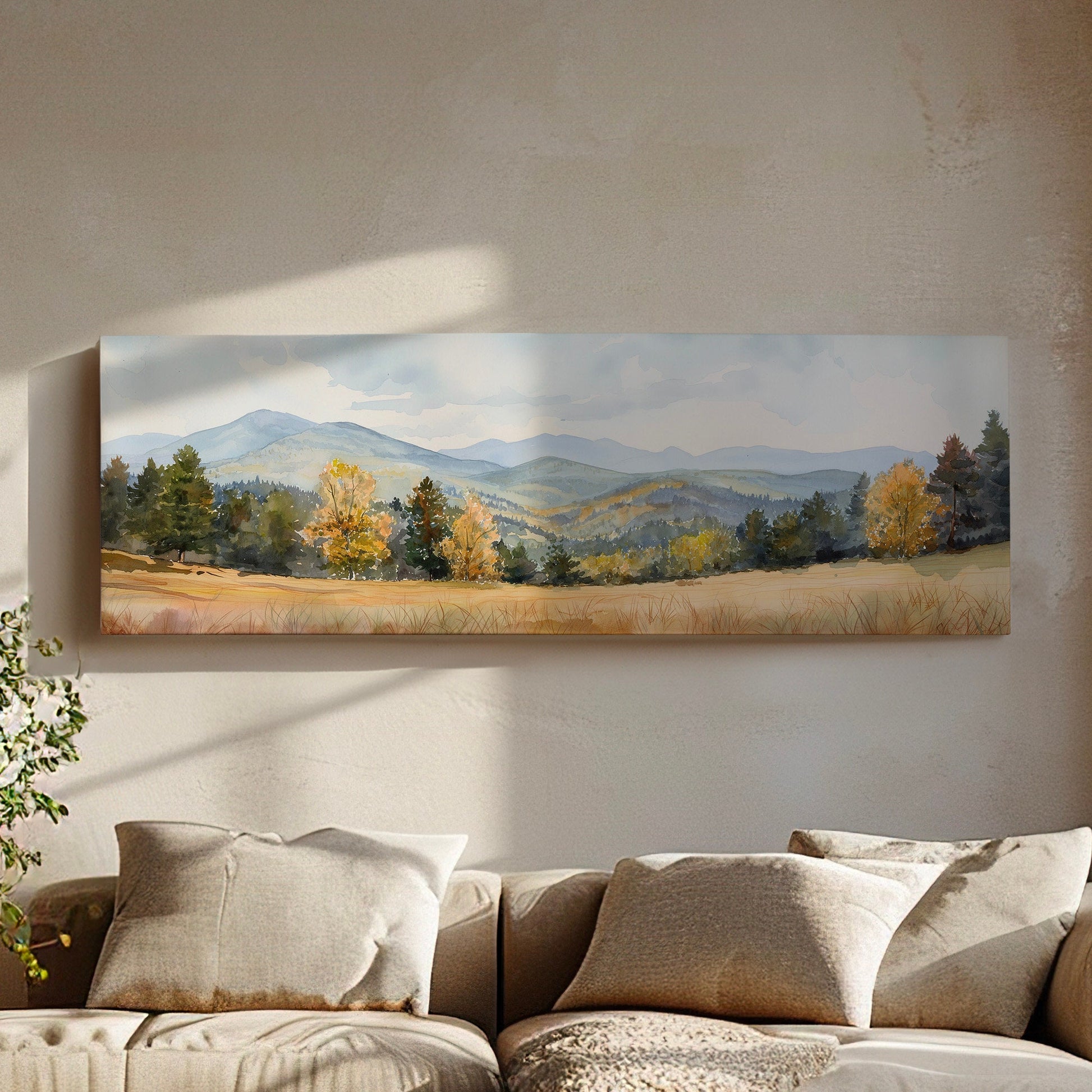 Mountain Landscape Above Bed Wall Art Spring Meadow, Panoramic Nature Canvas Print, Vintage Long Horizontal Canvas Art