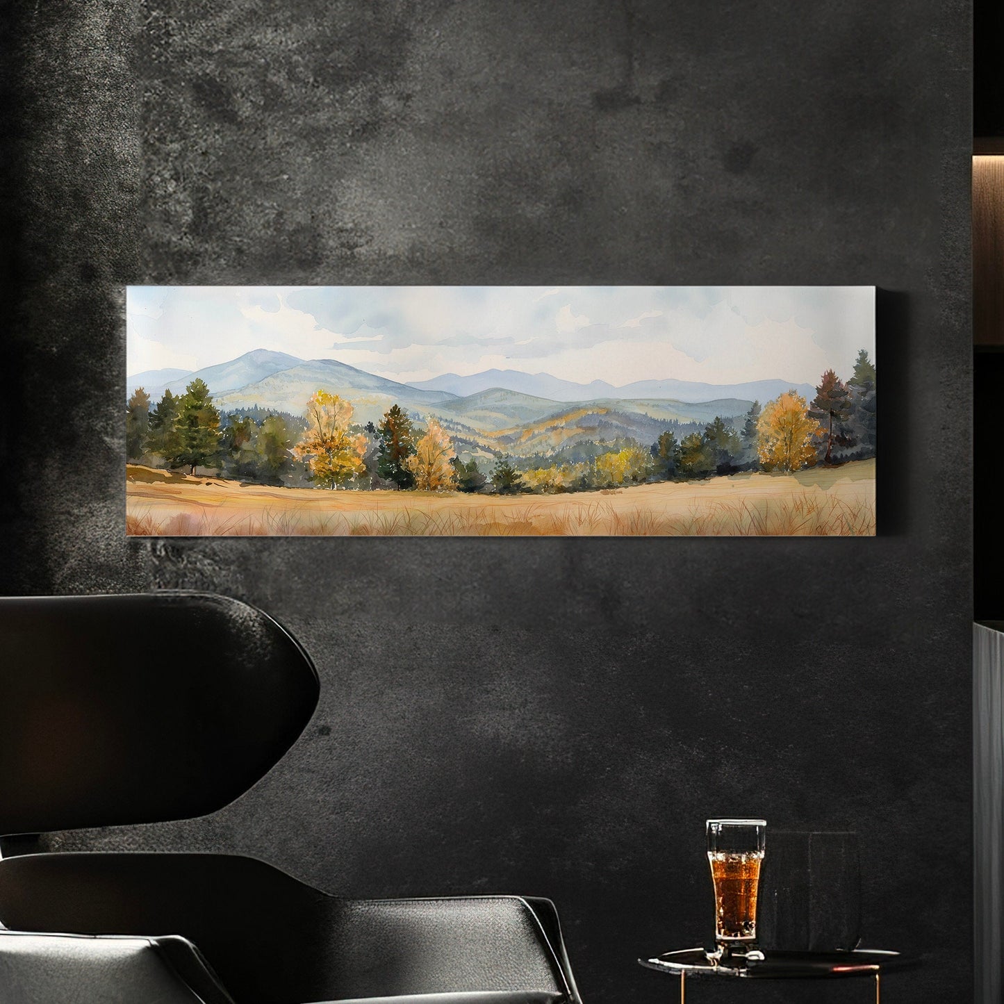 Mountain Landscape Above Bed Wall Art Spring Meadow, Panoramic Nature Canvas Print, Vintage Long Horizontal Canvas Art