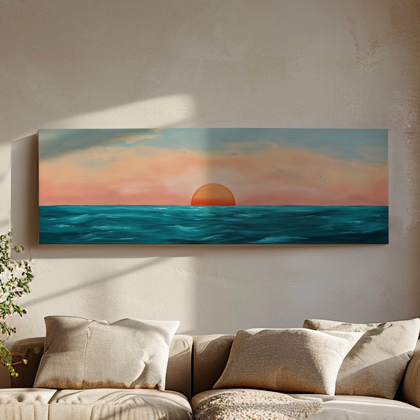 Minimal Sunset Over The Ocean Above Bed Wall Art Modern Abstract, Panoramic Sunrise Canvas Print, Seascape Long Horizontal Canvas Art