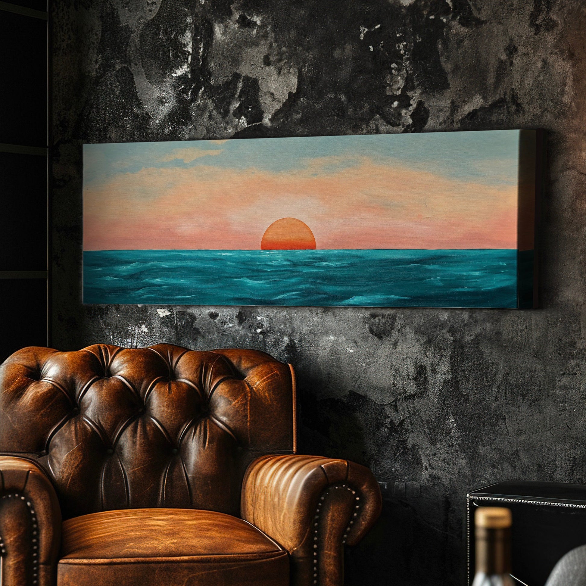 Minimal Sunset Over The Ocean Above Bed Wall Art Modern Abstract, Panoramic Sunrise Canvas Print, Seascape Long Horizontal Canvas Art
