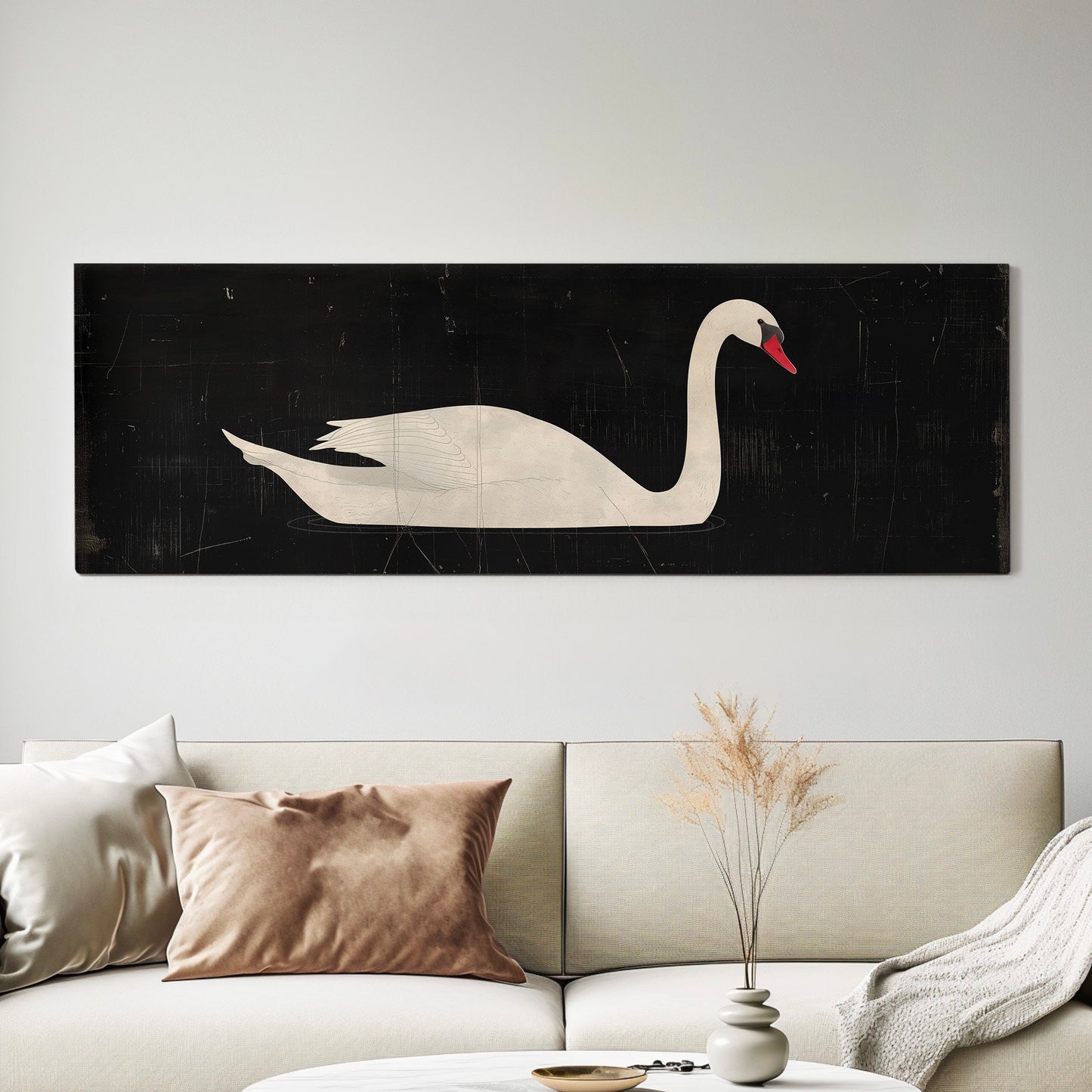 Lone Swan Above Bed Wall Art Black and White, Panoramic Farmhouse Canvas Print, Vintage Long Horizontal Canvas Art