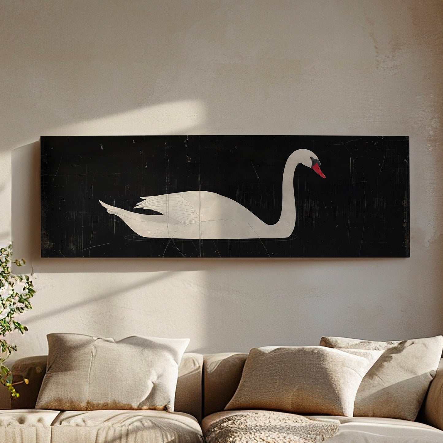 Lone Swan Above Bed Wall Art Black and White, Panoramic Farmhouse Canvas Print, Vintage Long Horizontal Canvas Art