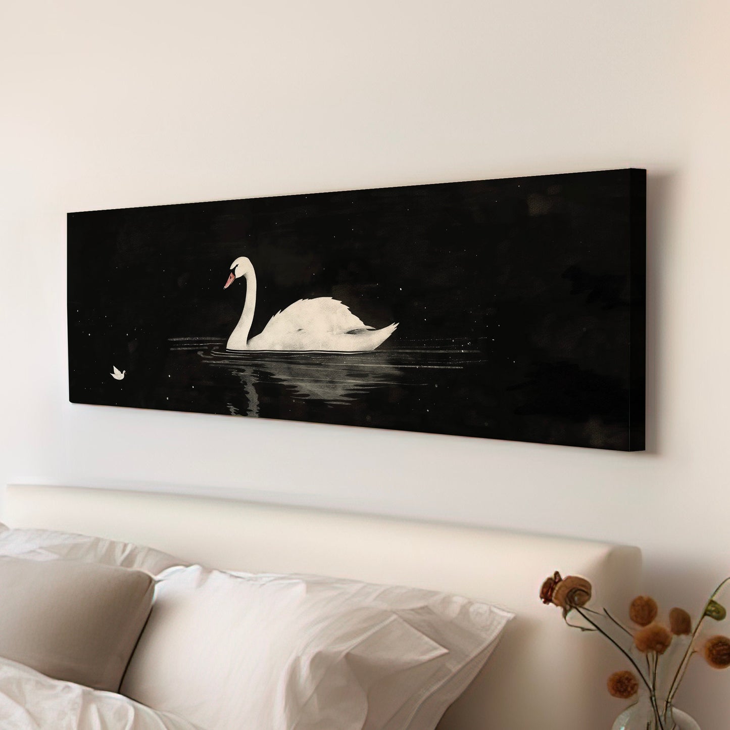 Lone Swan Above Bed Wall Art Black and White, Panoramic Farmhouse Canvas Print, Antique Long Horizontal Canvas Art