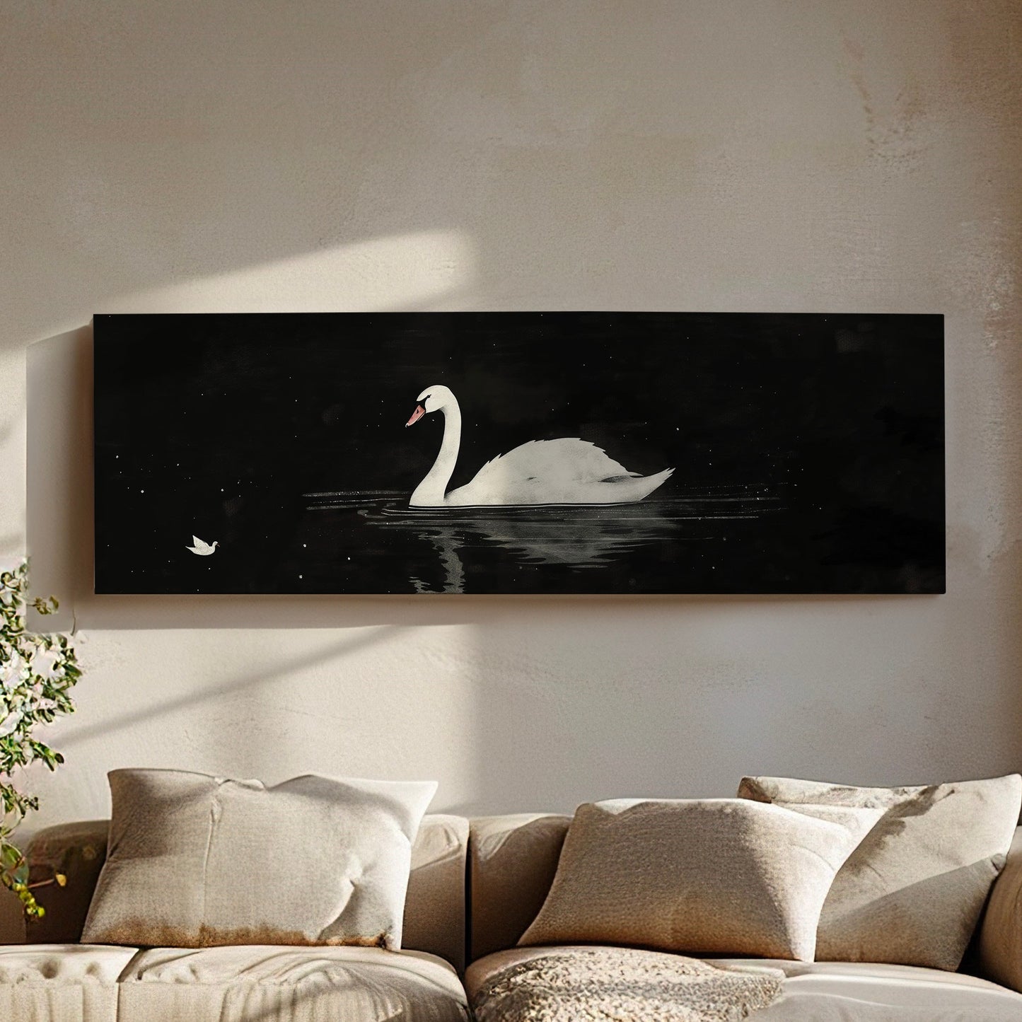 Lone Swan Above Bed Wall Art Black and White, Panoramic Farmhouse Canvas Print, Antique Long Horizontal Canvas Art