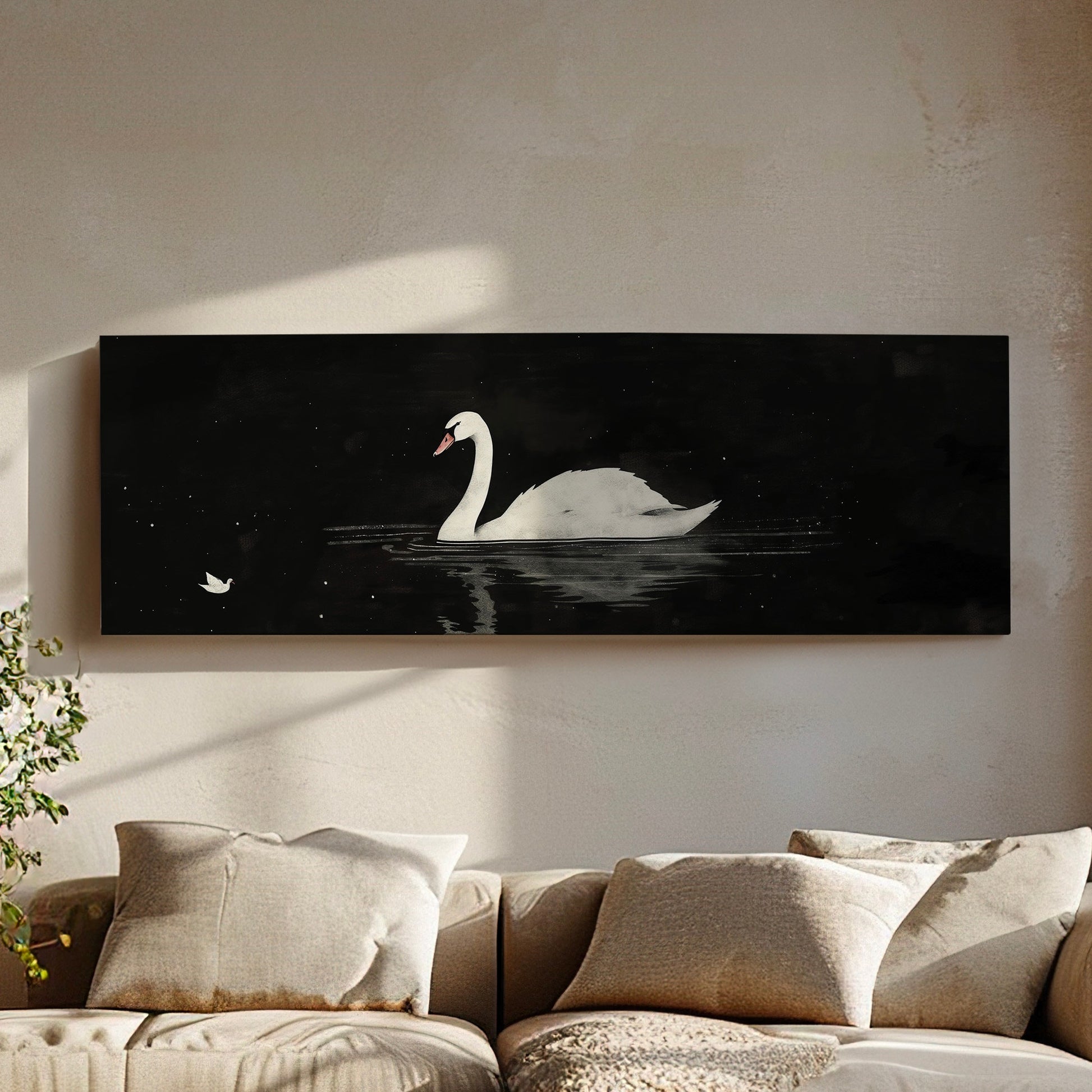 Lone Swan Above Bed Wall Art Black and White, Panoramic Farmhouse Canvas Print, Antique Long Horizontal Canvas Art