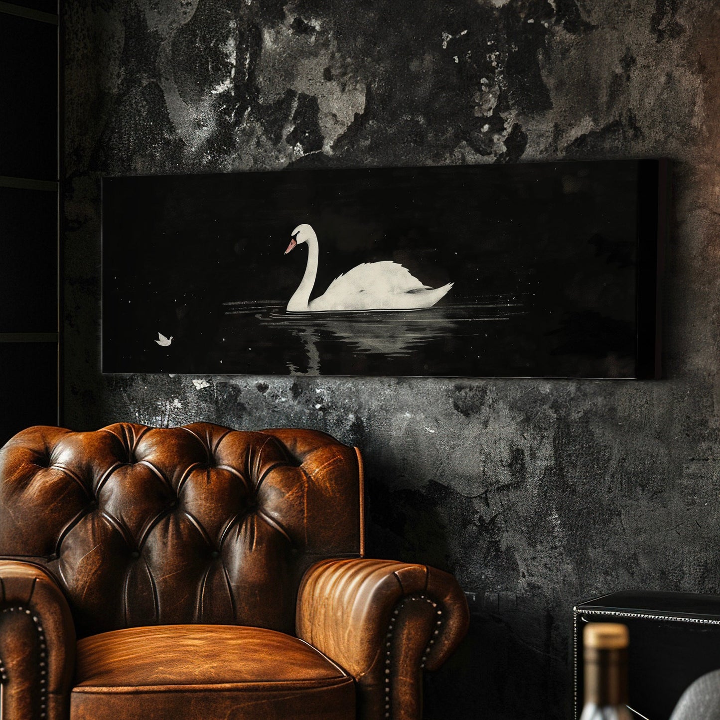 Lone Swan Above Bed Wall Art Black and White, Panoramic Farmhouse Canvas Print, Antique Long Horizontal Canvas Art