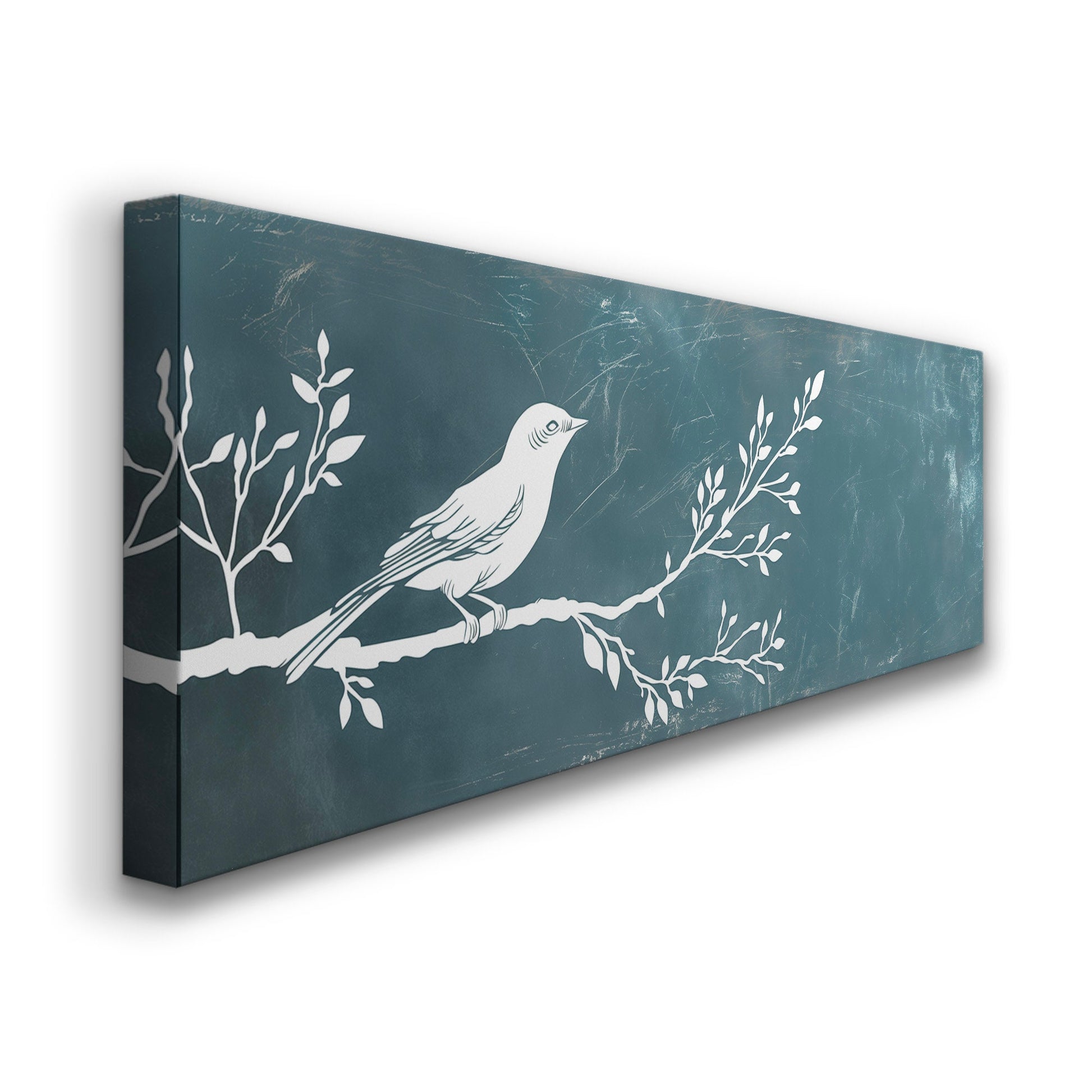 Lone Bird Above Bed Wall Art Sage Blue, Panoramic Neutral Canvas Print, Nature Long Horizontal Canvas Art